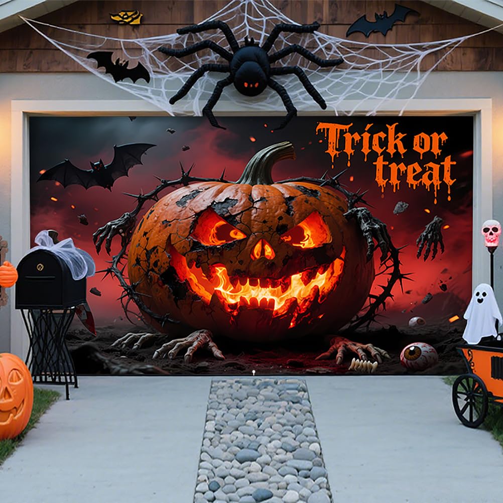 ZFFLYH Halloween Garage Door Cover Banner Decorations, Large Hanging Banner Backdrop Mural for For Outdoor Home Yard Halloween Decor Party Photo Backgrounds,Pumpkin,8 * 7FT