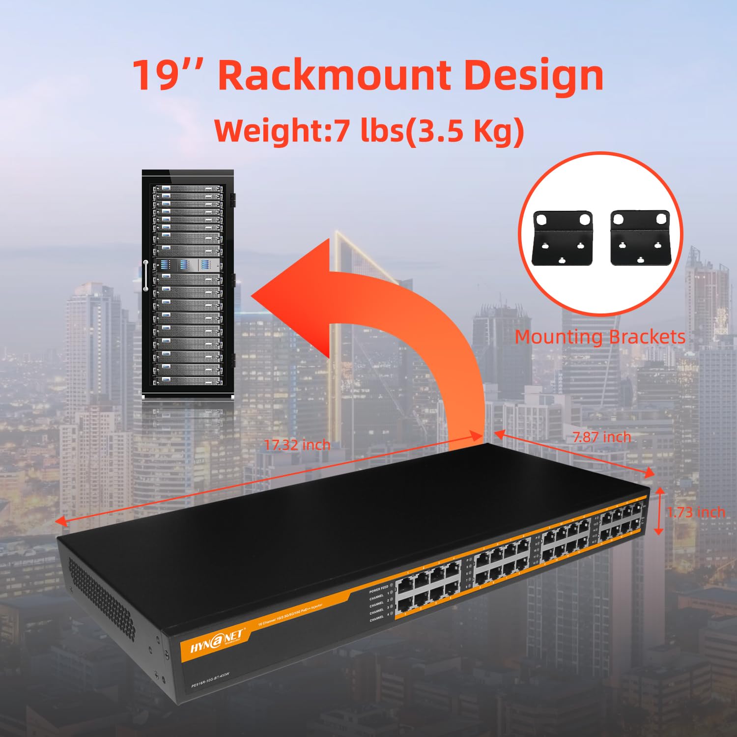 Injecteur PoE++ 16 ports 802.3bt 10G, 16 ports 90 W PoE++@450 W, 1G/2.5G/5G/10 Gbps PoE++ Midspan (modèle : PE916R-10G-BT-450W)