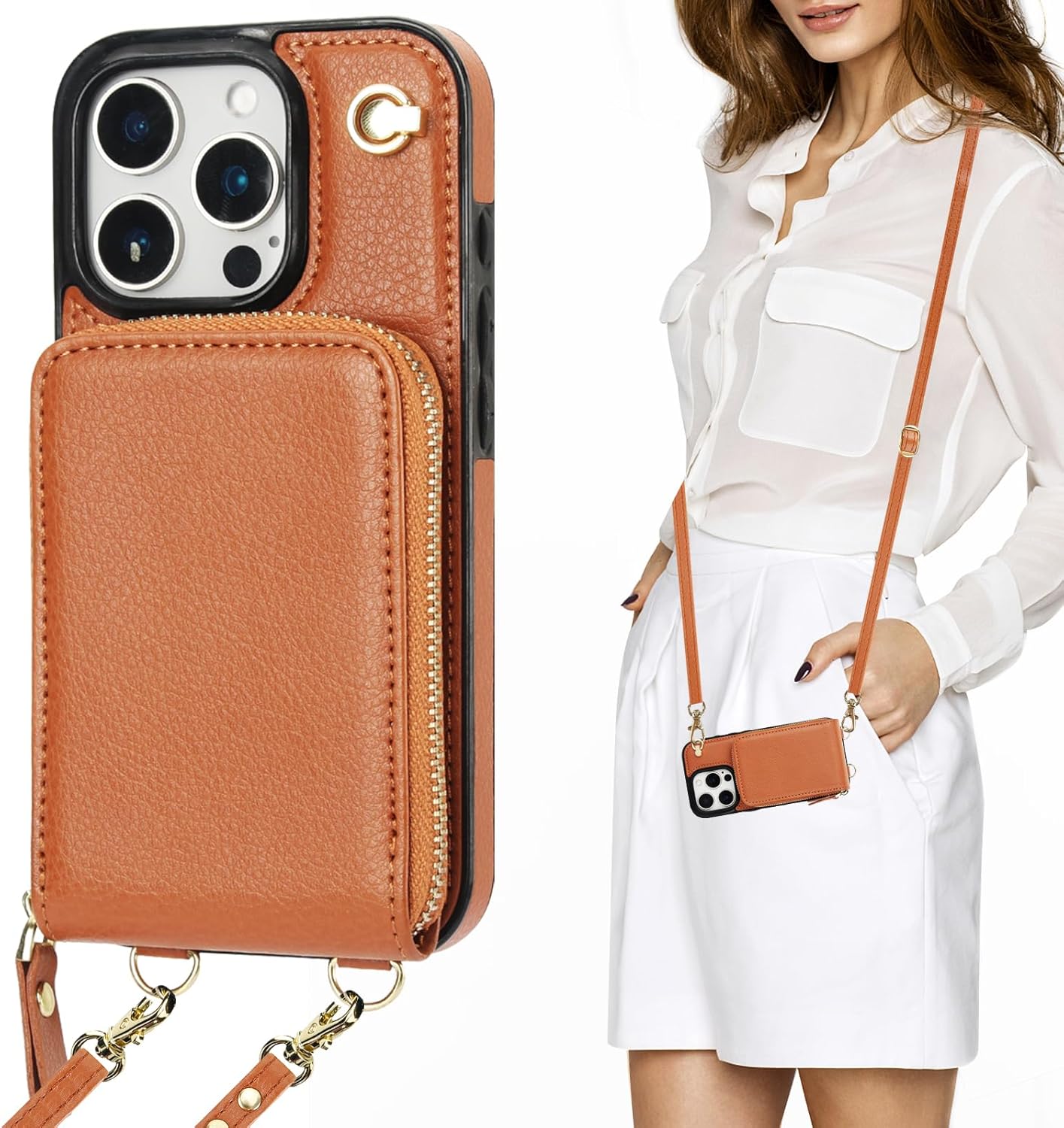 KIHUWEY Crossbody Wallet Case for iPhone 16 Pro, Zipper Pocket Case with Card Holder, PU Leather RFID Blocking Protective Cover Case with Kickstand Detachable Wrist Strap Lanyard 6.3" (Brown)