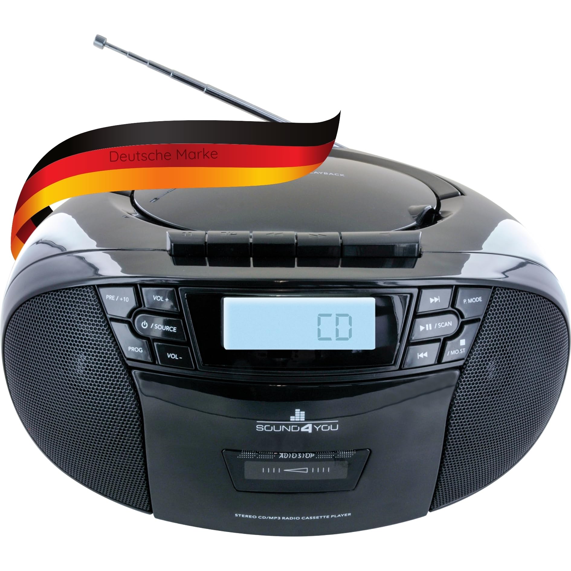 SCHWAIGER -658026- Przenośny odtwarzacz CD z kasetami i radiem | MP3 | Złącze USB | Radio FM | Słuchawki AUX | Boombox | Stereo | do domu i w podróży | Zasilanie sieciowe i akumulatorowe | Wyświetlacz