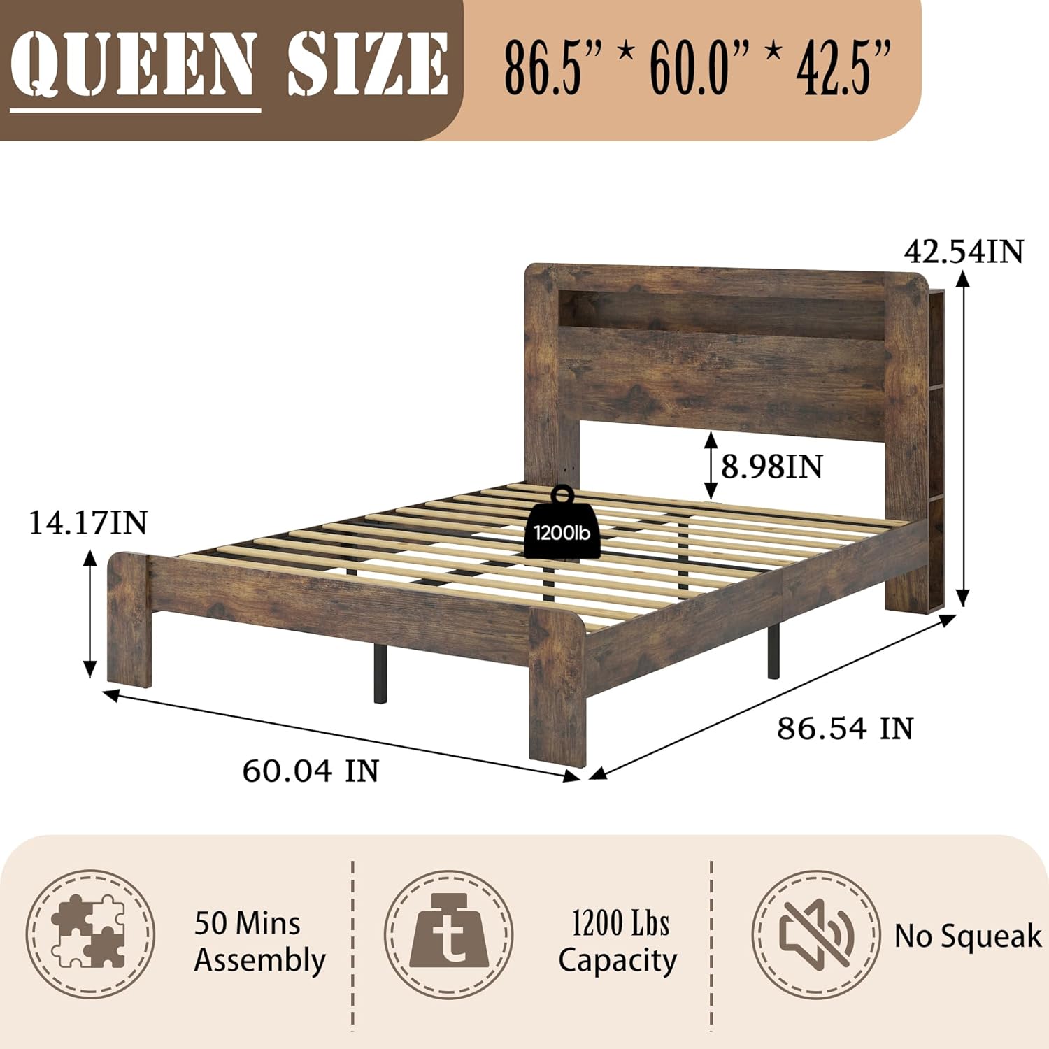 Wooden Bed Frame Queen Size with Storage Headboard, Farmhouse Platform Bedframe with Bookcase Shelf & Led Lights, Sturdy Wood Slat Framework Bed Frame (Rustic Brown)