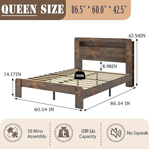 Miniatura 2 de Estructura de cama de madera tamaño Queen con cabecero de almacenamiento, estructura de cama de plataforma estilo granja con estante de biblioteca y