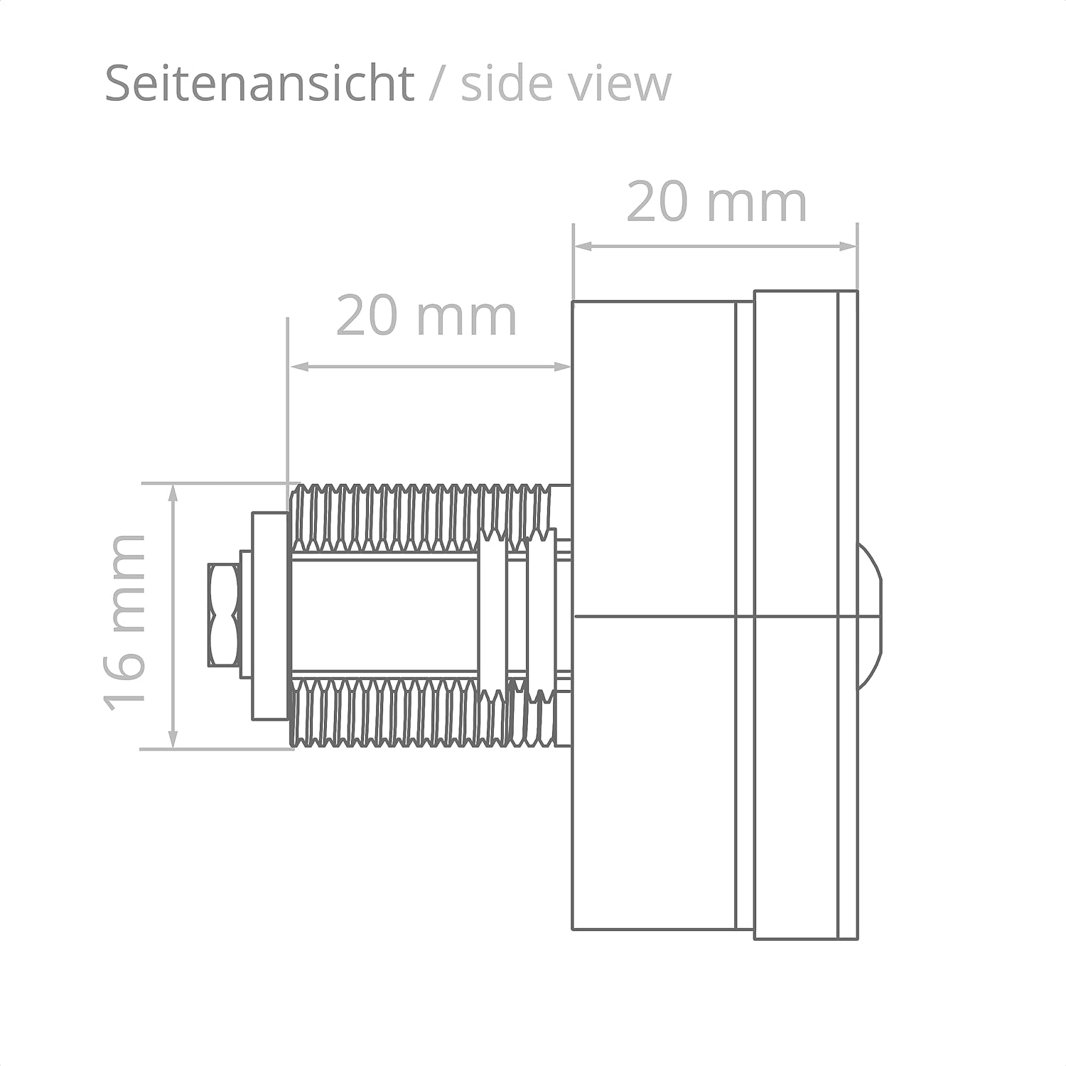 Side view diagram of BURG sPin-Lock 100 with 20mm depth and 16mm shaft