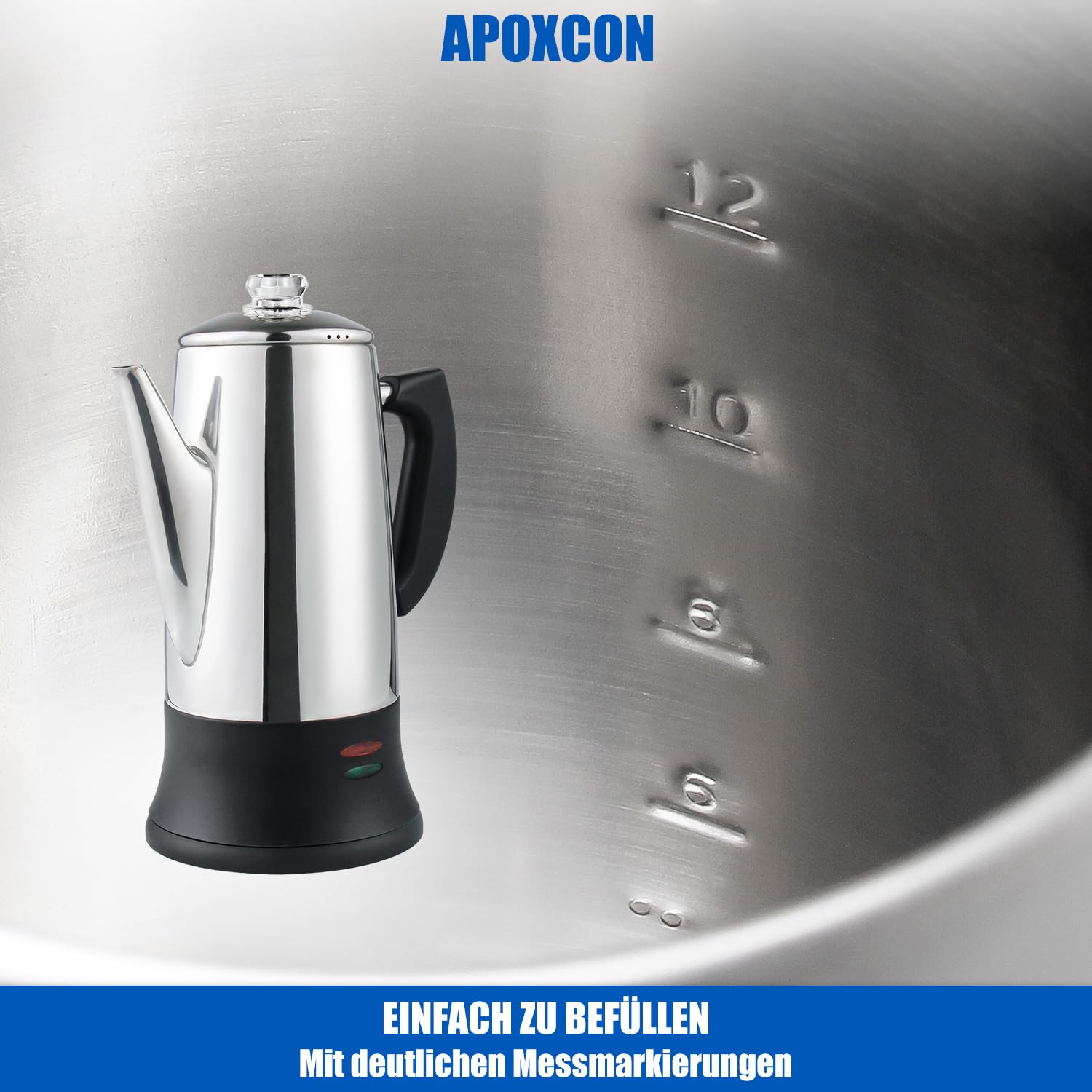 APOXCON Elektrischer Kaffee Perkolator für 12 Tassen, Schnellbrüh-System mit hitzebeständigem Glasknopf für Zuhause und Büro, Kabellos, CE-Zertifiziert