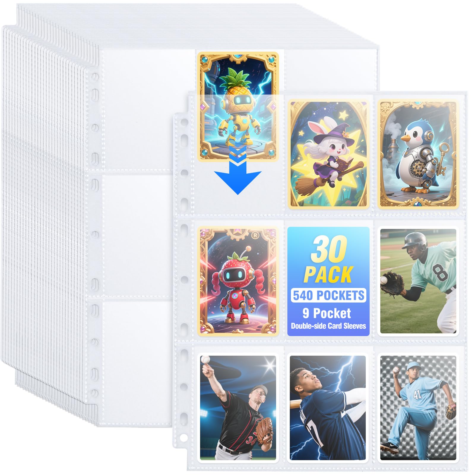30 Pack 540 Pocket Binder Pages - Double-Sided 9 Pocket Trading Card Sleeves for 3 Ring Binder, Clear Plastic Pages for Sport and Game Cards