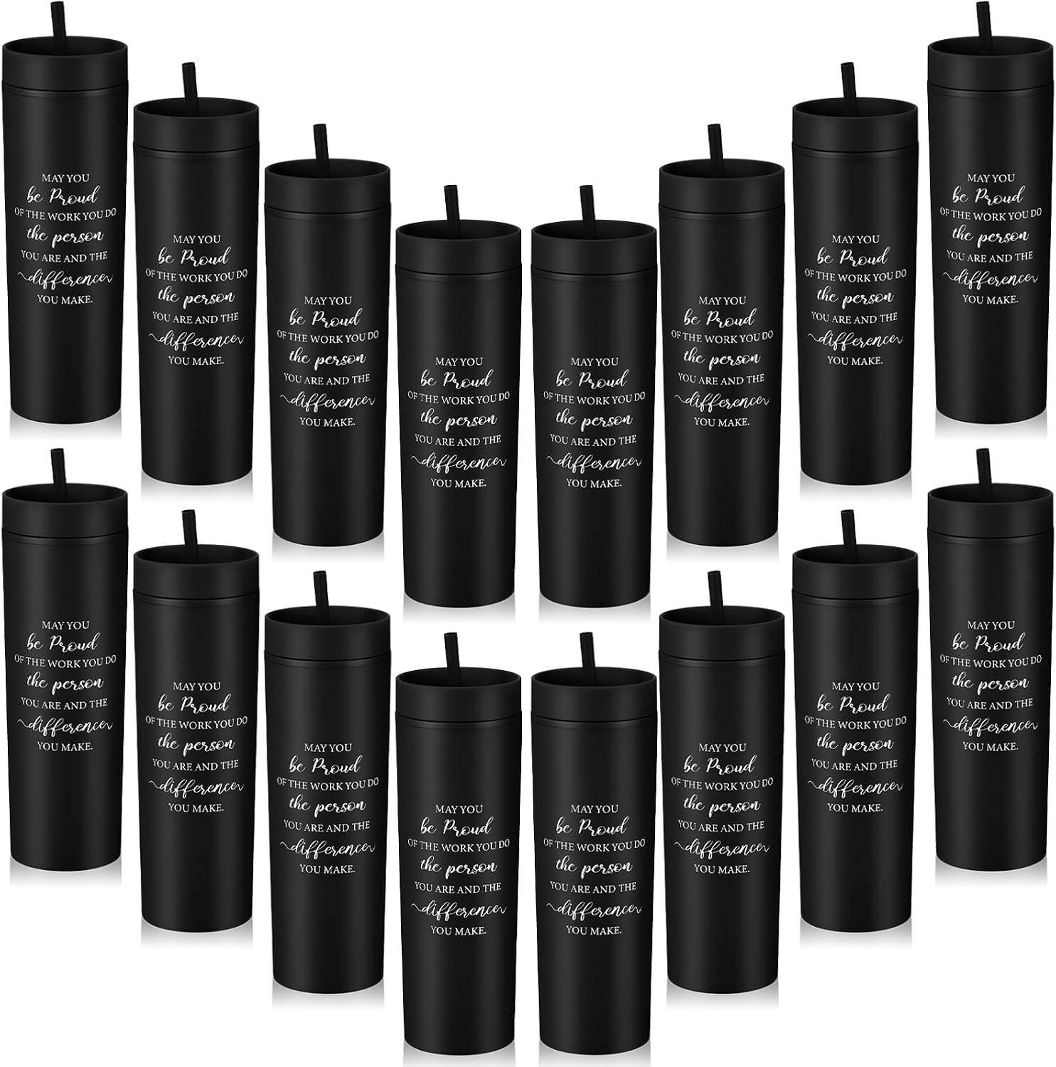 Bokon 16 Pcs Employee Appreciation Gifts Bulk 16 oz Skinny Tumblers with Lid and Straw Plastic Inspirational Cups for Staff Teacher Nurse Coworker Christmas Birthday Gifts(Black)