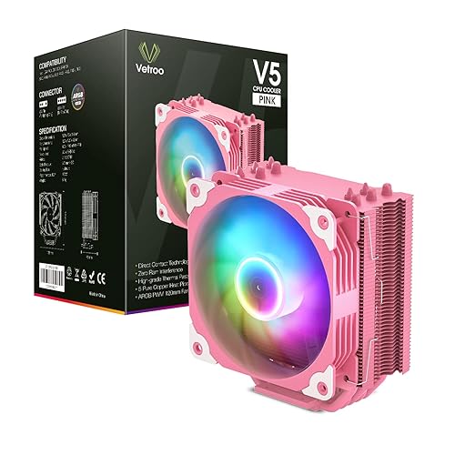 Miniatura 9 de Vetroo V5 Enfriador de CPU rosa, 4.724 in, 5 tubos de calor direccionables RGB y PWM, enfriador de aire para Intel LGA 17001200115X AMD AM5AM4