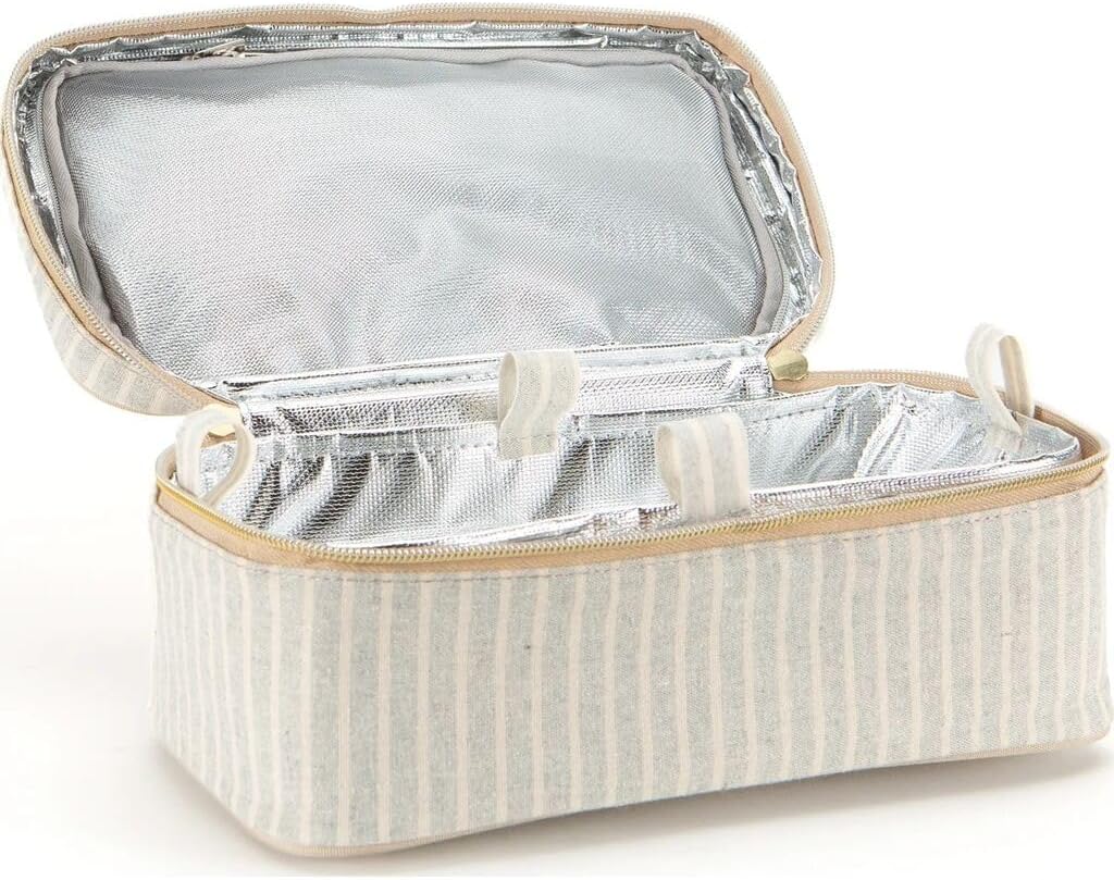 SoYoung Beauty Poche - Cosmetic Bag & Makeup Organizer for Travel, Three-Tiered, Linen/Cotton Exterior, Removable Tray, Machine Washable - Sand & Stone Beach Stripe