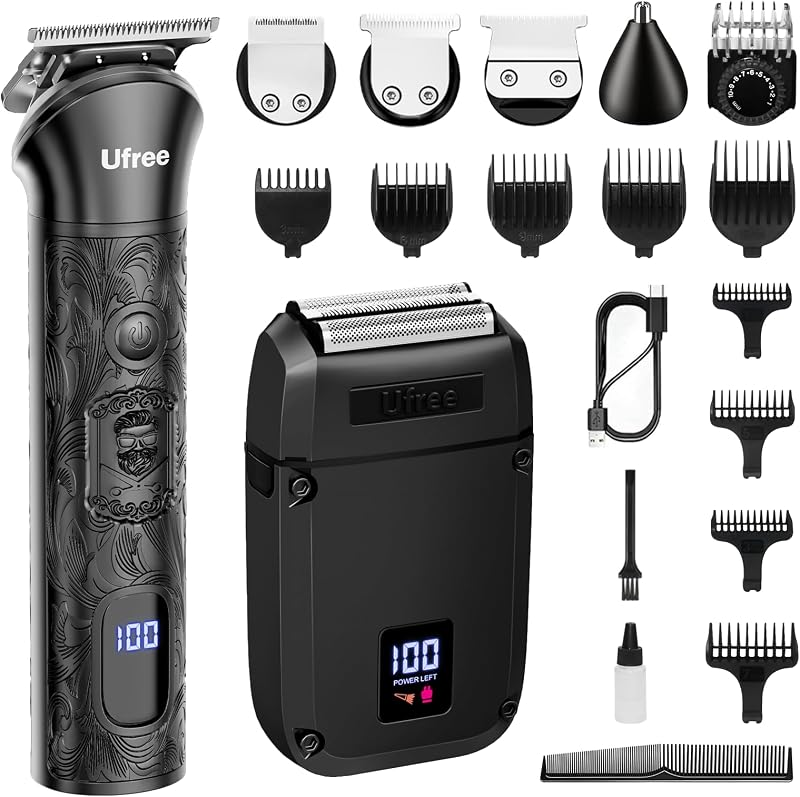 Juego de afeitadora de láminas y cortapelos para barba Ufree, maquinilla de afeitar eléctrica, regalos para hombres | Línea T-Blade con peine de 1-10 mm, espacio cero, tipo C, pantalla LED, versátil para bigote, barba incipiente, nariz y bordes nítidos