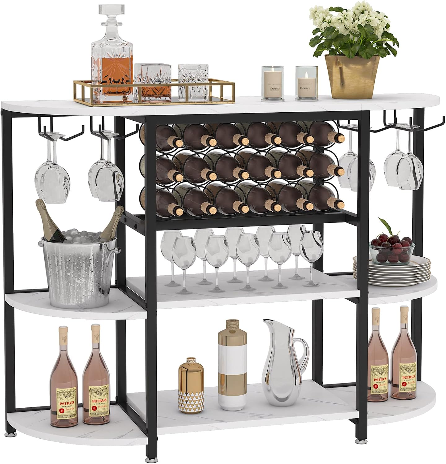 Tribesigns Wine Rack Table, 47 Inch Modern Wine Bar Cabinet with Storage, Freestanding Floor Bar Cabinet for Liquor and Glasses for Home Kitchen Dining Room, White