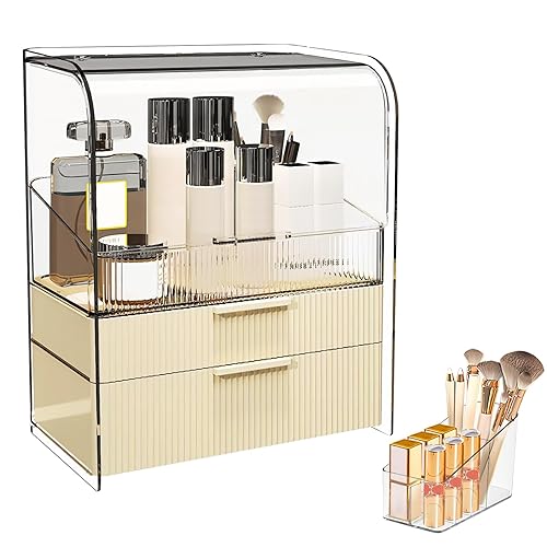 Miniatura 10 de DASITON Caja de almacenamiento de dos capas a prueba de polvo, soporte para brochas de maquillaje, caja de almacenamiento de escritorio de gran