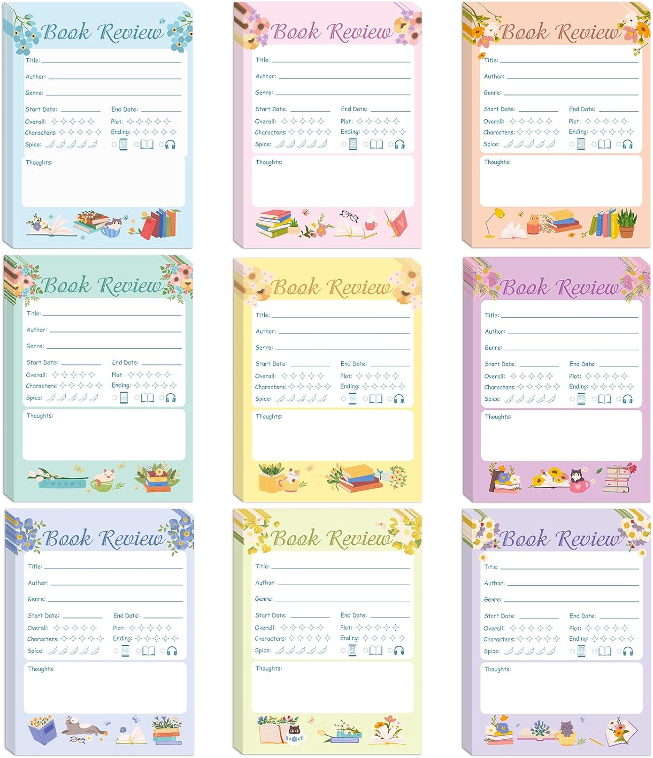 Book Review Sticky Notes - 9 Pcs Colorful Adhesive Note Pad Book Journal Stickers Readings Tracker for Readers Bookish Bookworm Teacher Students Books Club Gifts