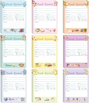 Book Review Sticky Notes - 9 Pcs Colorful Adhesive Note Pad Book Journal Stickers Readings Tracker for Readers Bookish Bookworm Teacher Students Books Club Gifts