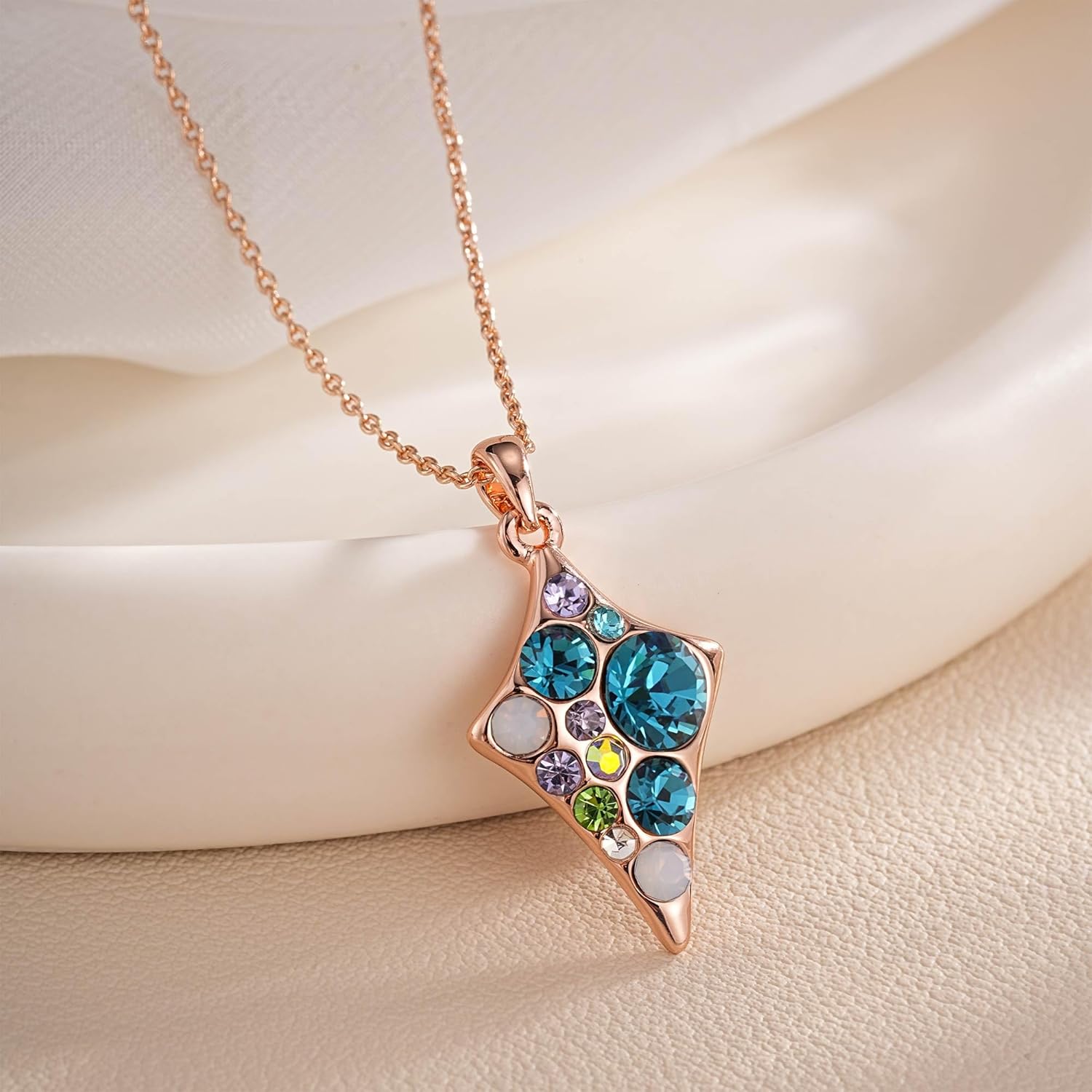 EVEVIC Dainty Multicolored Austrian Crystals Rhombus Pendant Necklaces for Women Fashion 14K Gold Plated Hypoallergenic Jewelry - Image 3