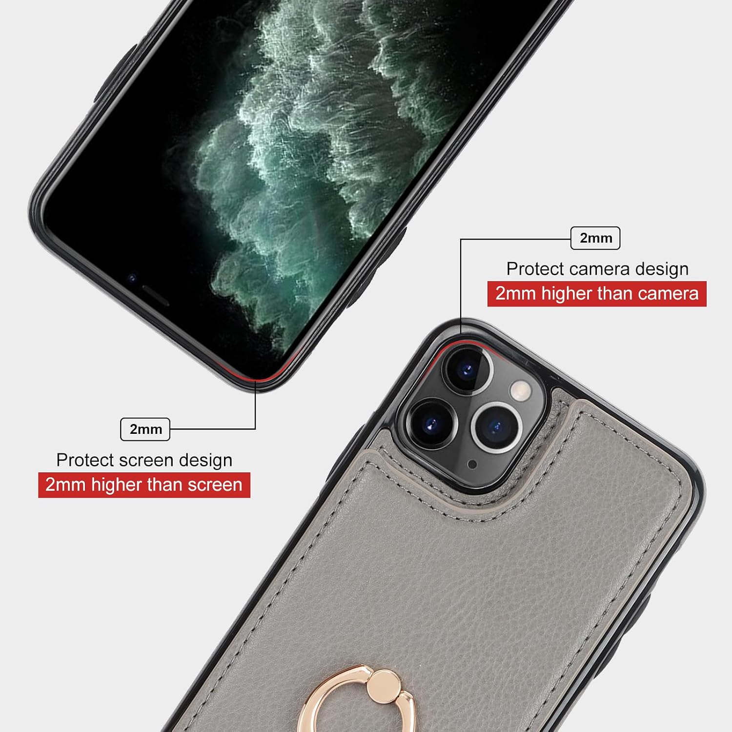 Folosu Compatible with iPhone 11 Pro Max Case Wallet with Card Holder, 360°Rotation Finger Ring Holder Kickstand Protective RFID Blocking PU Leather Double Buttons Flip Shockproof 6.5 Inch Gray