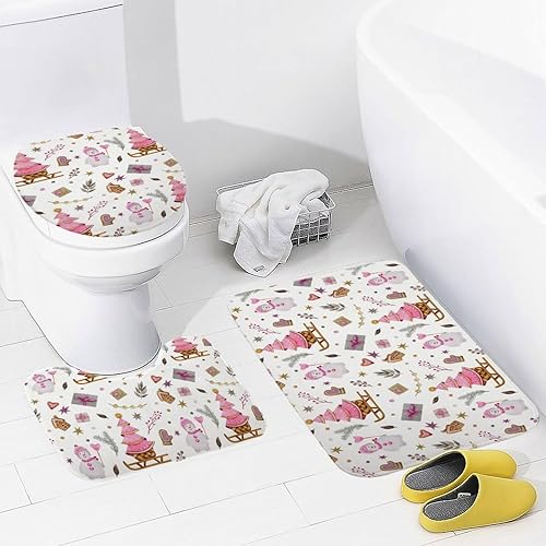 Miniatura 6 de Juego de 3 alfombras de baño de terciopelo coral con diseño de muñeco de nieve rosa, diseño bonito, antideslizante, absorbente, en forma de U,