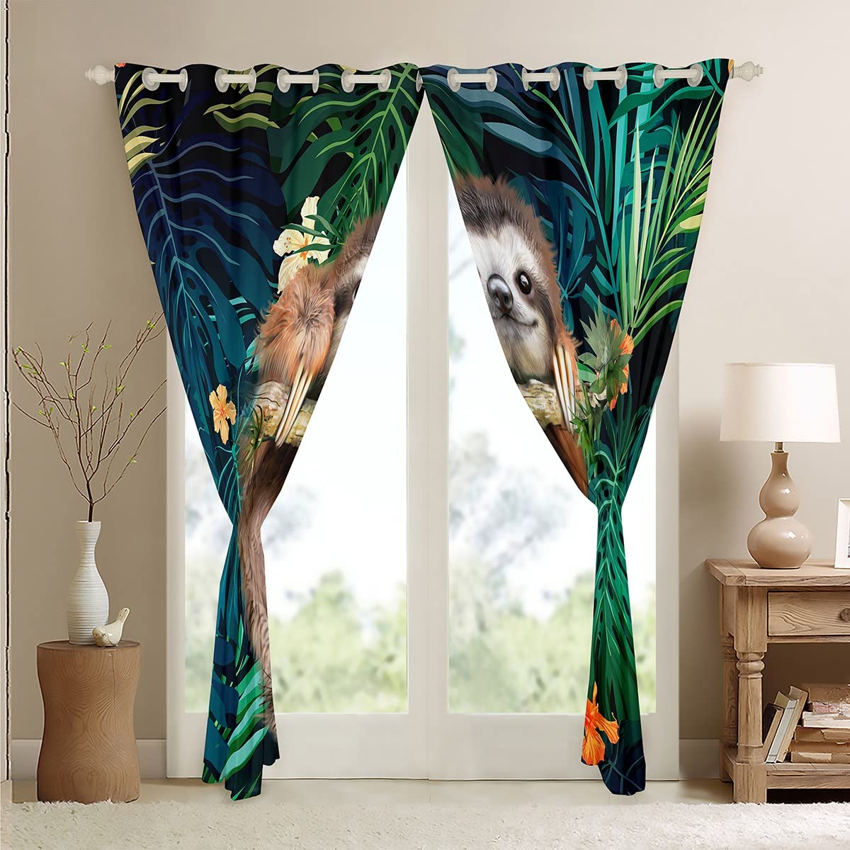 Loussiesd Cute Sloth Curtain Cartoon Animal Window Drapes for Kids Boys Girls Funny Lazy Sloth Tropical Leaves Floral Print Window Treatments Nature Themed Window Curtain Room Decor W46*L72 - Image 4