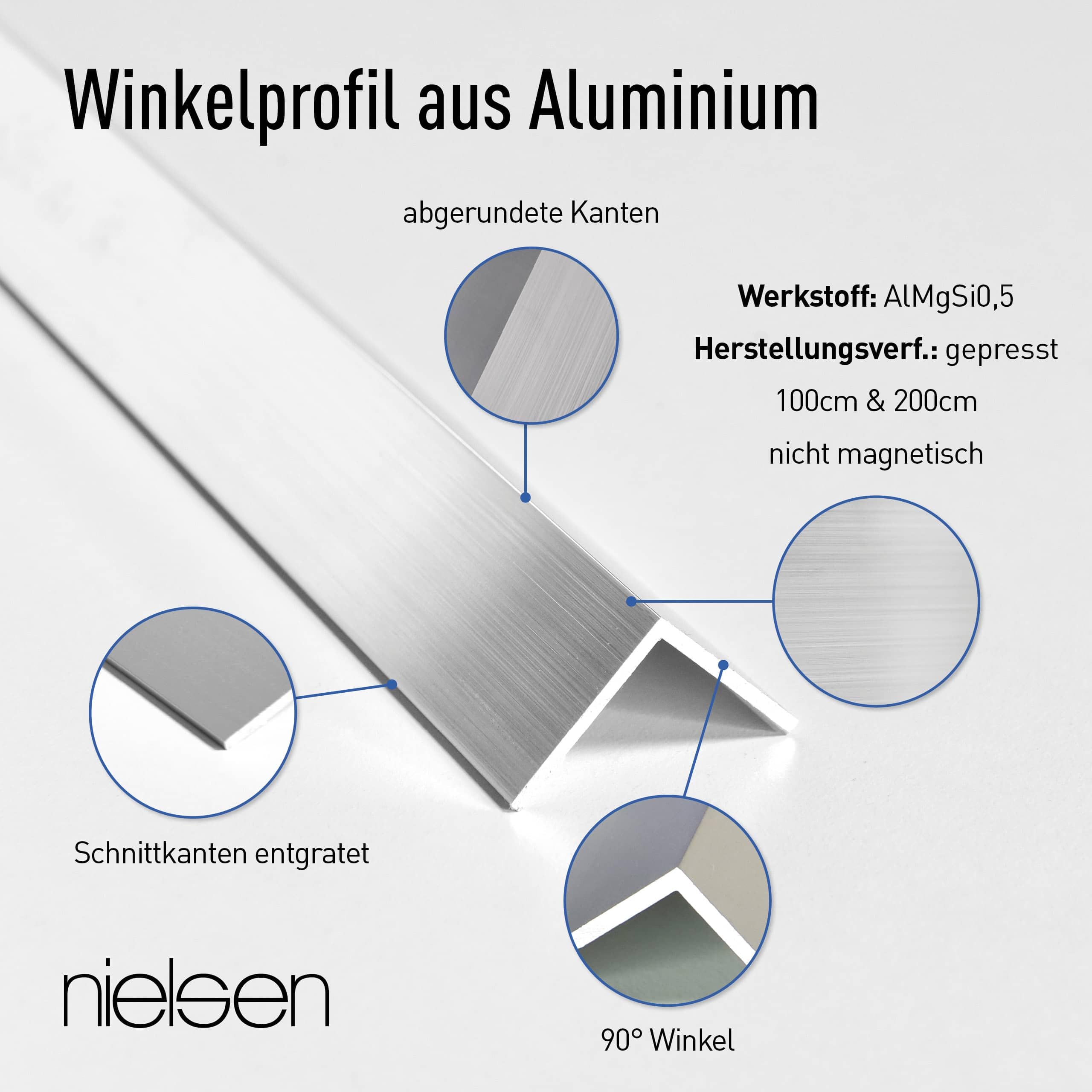 nielsen Aluminium Winkelprofil Natur (Pressblank) 2000x50x50 mm, Stärke: 2 mm, Länge: 200 cm, gleichschenklig, Made in Germany, Eckschutzprofil, Kantenschutz, Abschlußprofil, Ausgleichswinkel