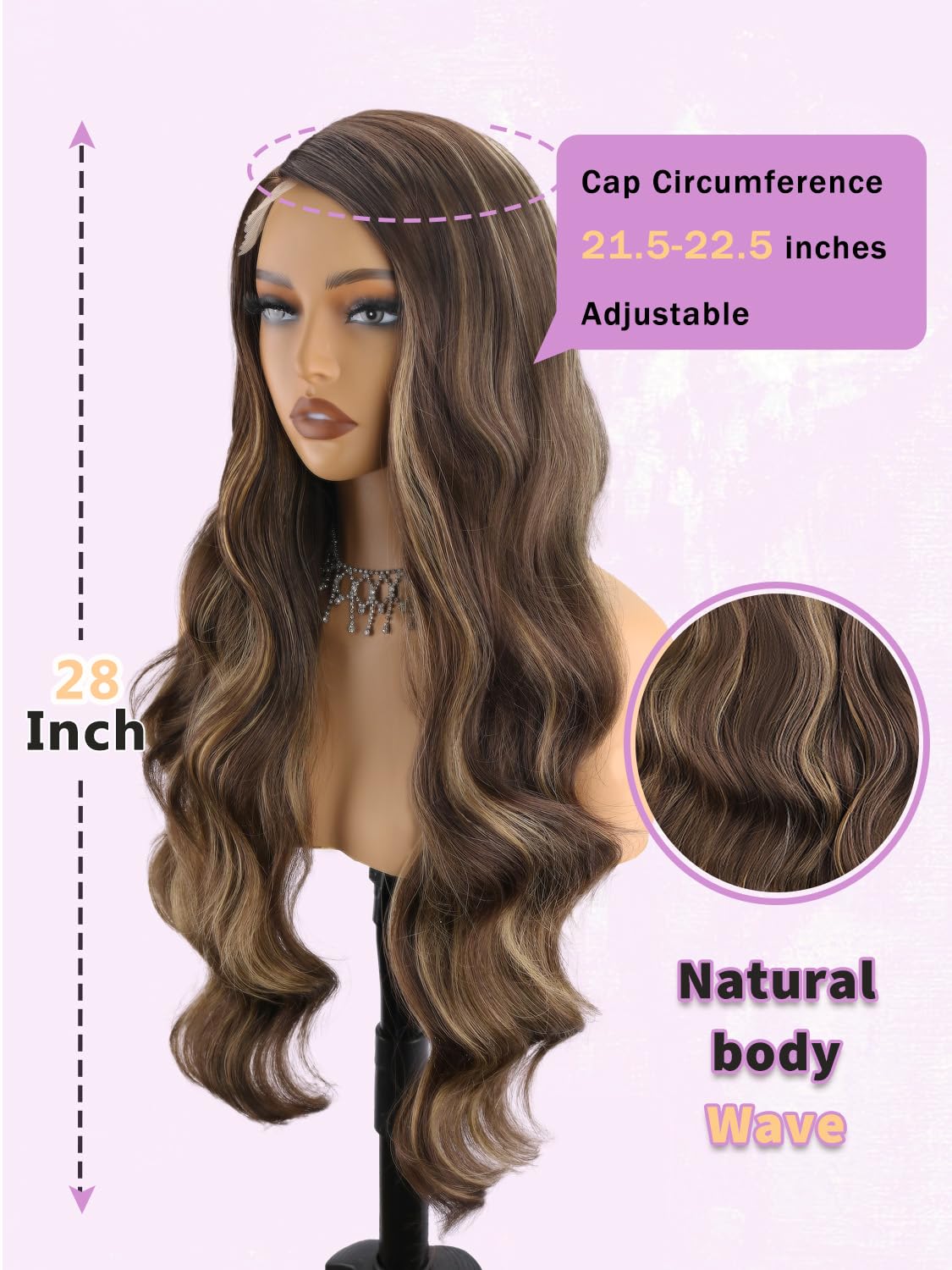 NOSTALGIA Long Brown Wavy Wig Brown Mixed Blonde Highlight Side Part Wigs for Women Natural Hairline Synthetic Wigs for Women Daily Party Use