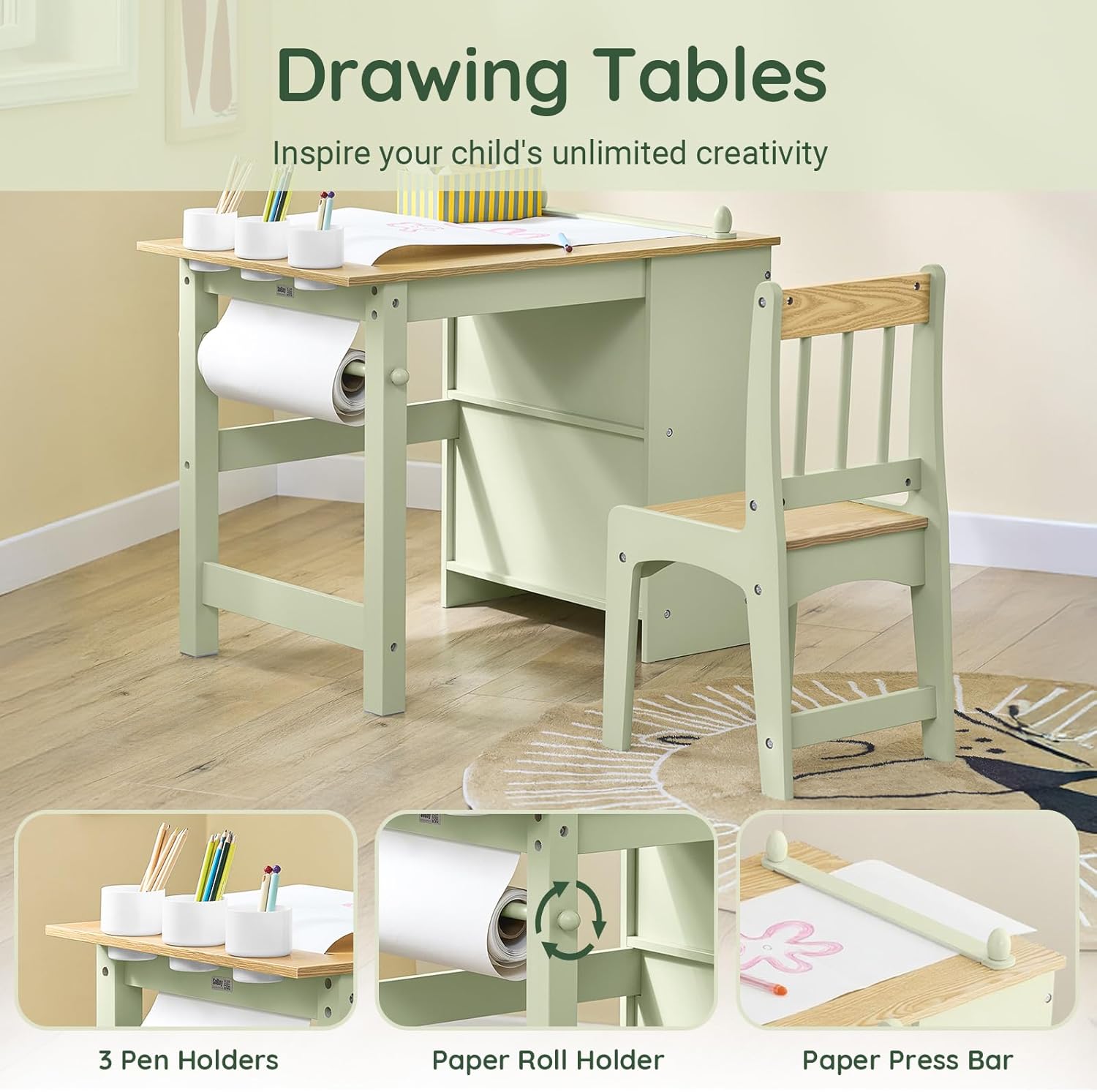 Haotian Kids Craft Table and Chair Set with Paper Roller, Paint Cups & Storage Shelves, 2 in 1 Wooden Art Desk for Drawing Painting Writing, Green KMB60-GR