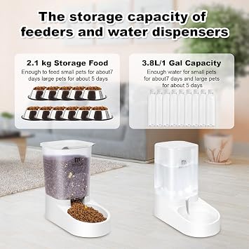 Marchul Dog Feeder and Water Dispenser, Automatic Gravity Dog Food Dispenser, Pet Food Dispenser Set for Small Medium Dogs Puppy Kitten (1 Gallon / 3.8L with Silicone Mat)