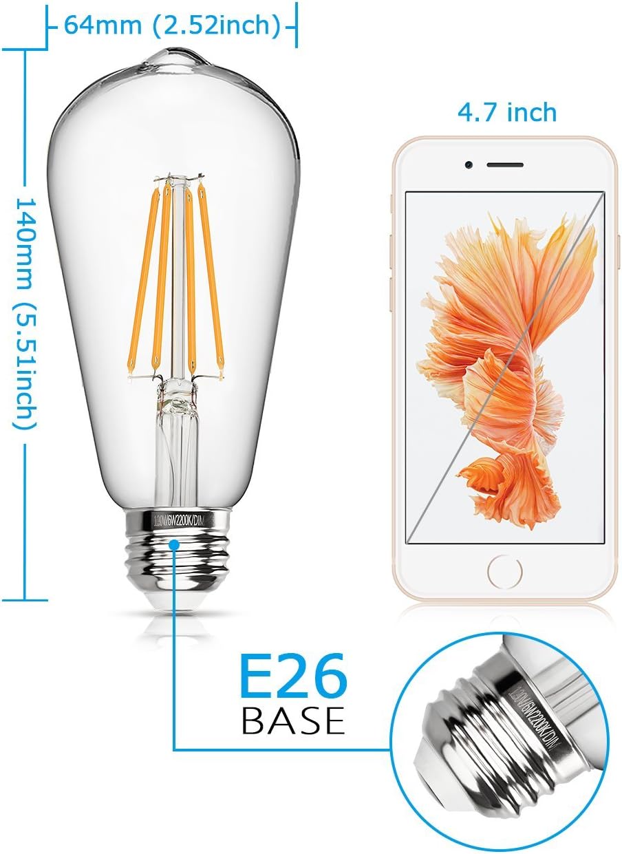LED Edison Bulb Dimmable 6W Vintage Led Light Bulb 60W Equivalent 2200K Warm White 520 Lumen ST64 Led Filament Bulb E26 Medium Base Decorative Clear Glass for Bathroom Kitchen Dining Room, 4 Pack