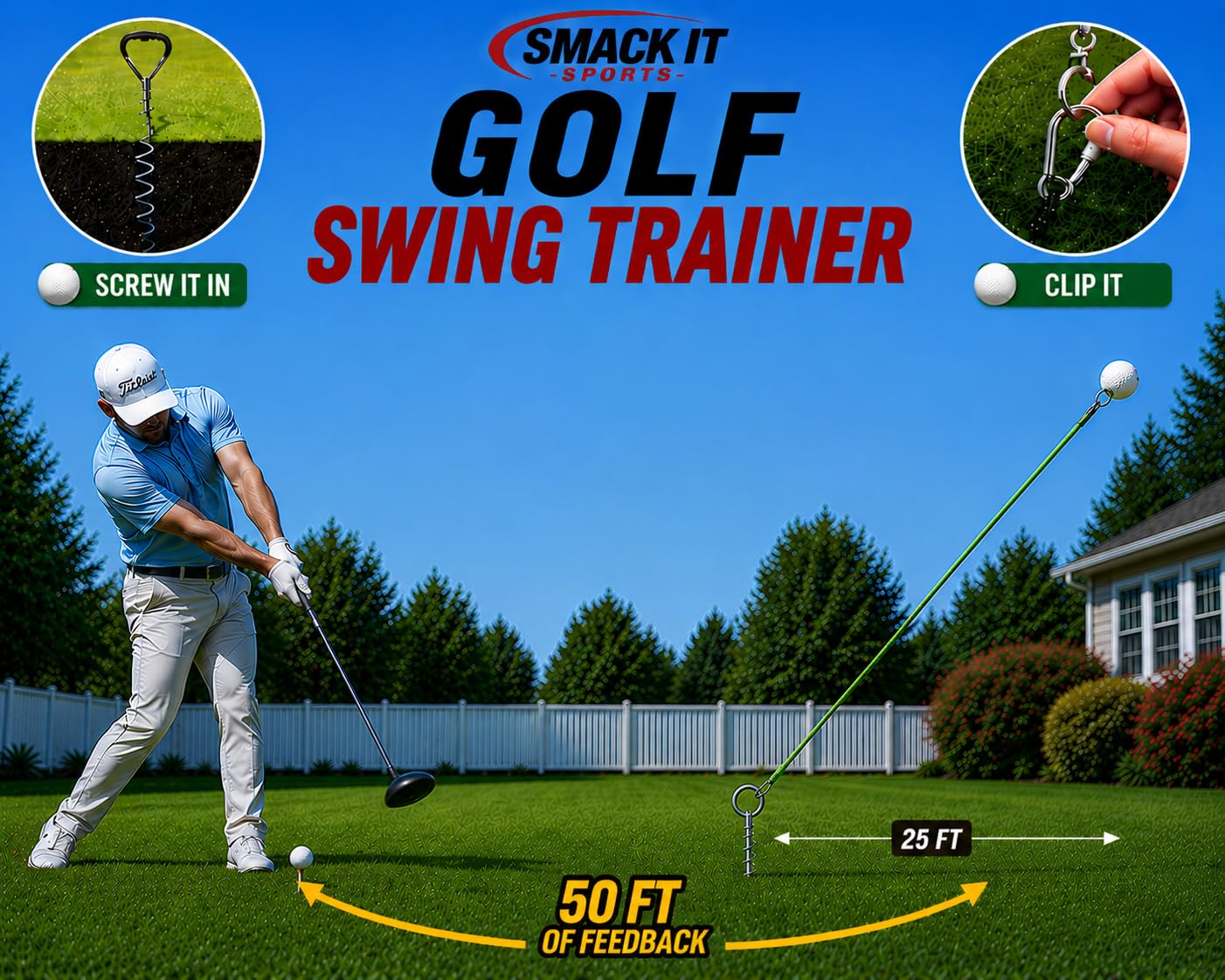 Swing Away! Golf-Trainingsgerät für Driver und Eisen: Verfeinere deinen Golfschwung im Garten mit einem echten Golfball und erlebe 15 m Ballflug-Feedback.