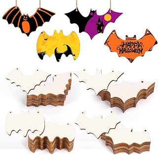 40Pcs Bats Halloween Wooden Slices Ornaments Paintable Blank Natural Bat Cutouts Fall Activity Hanging Decorations Bulk Halloween Crafts for Kids Classroom DIY Party Supplies