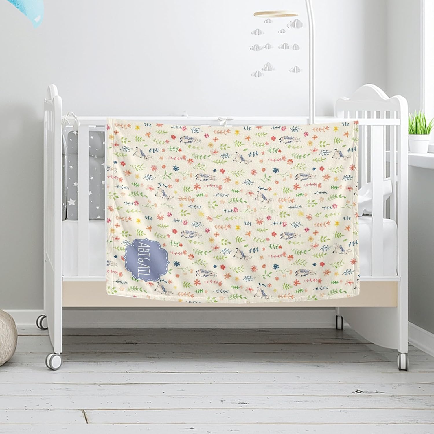 Customized Baby Blanket Bunny Name Blanket Personalized for Newborn Gifts for Baby Shower Name Blanket Fleece Soft Bed Blanket for Stroller Crib Decor Baby Swaddle Blanket Neutral - 50x60 Inches