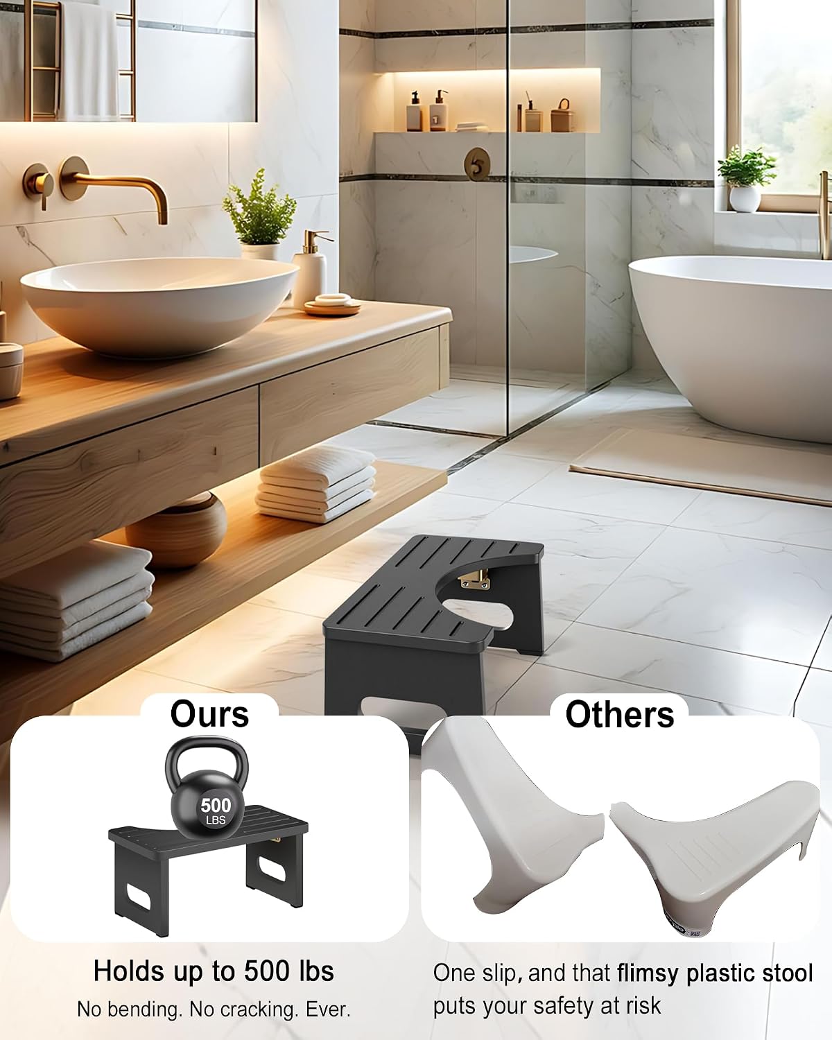 Yose Toilet Stool Foldable, 7 Inch Poop Stool for Bathroom, Toilet Stool Squat Adult, Thickened Bamboo Potty Stool with 400lb Support & Non-Slip Pads, for Better Bowel Health