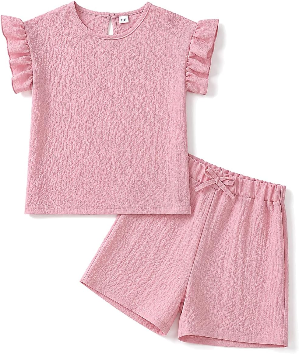 Cakaner Teen Girls 2 Piece Outfit Set Ruffle Sleeve Top and Shorts Summer Casual Matching Clothes Sets Size 7-14