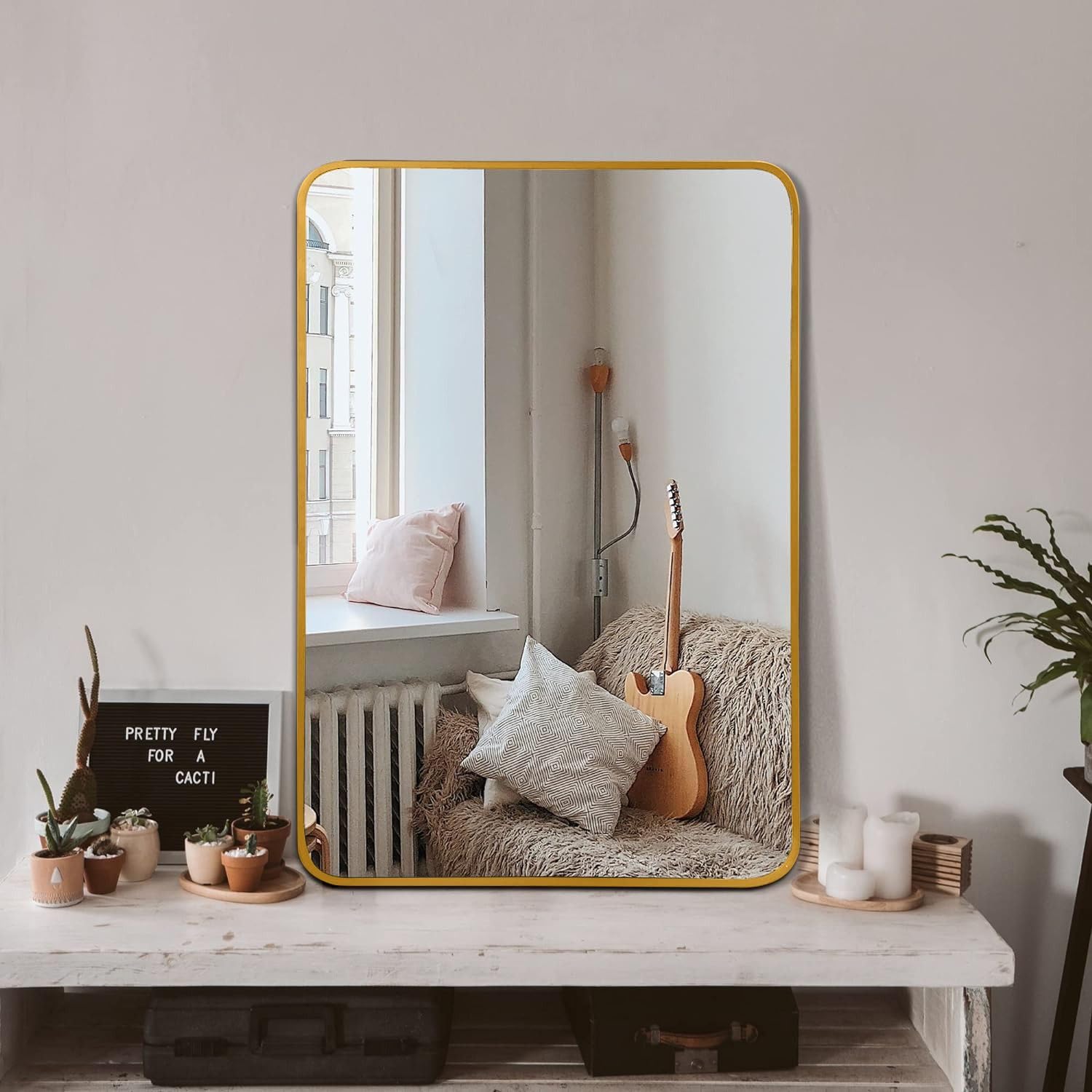 FRITHJILL Modern Metal Framed Bathroom Mirror 24x32 Inch - HD Glass Wall Mirror with Anti-Rust Aluminum Frame, Shatterproof Design for Bedroom, Living Room & Entryway, Gold