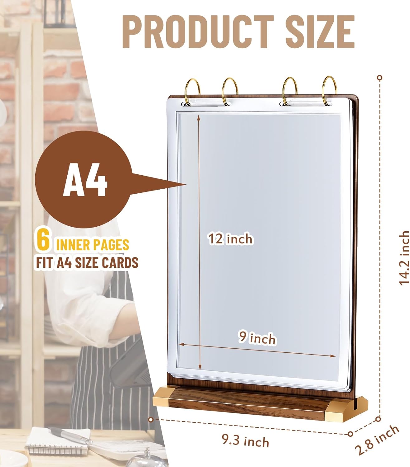 Leinuosen 2 Pcs A4 Walnut Wood Sign Holder 6 Pages Double Sided Flyer Frame with Base Vertical Flip Display Card Stand Table Menu Display Stand for Flyer Menu Office Wedding Restaurants Hotels Store
