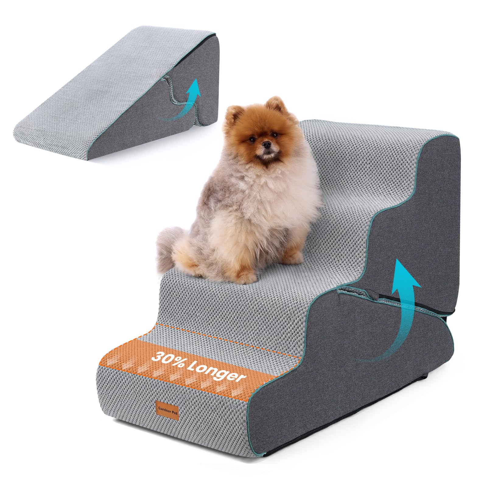 Gardner Pet Dog Stairs for Small Dogs 22" H, 2 in 1 Transformable 4-Step Pet Stairs and Dog Ramp for Couch Bed (23-27 in), Grey Adjustable Pet Steps