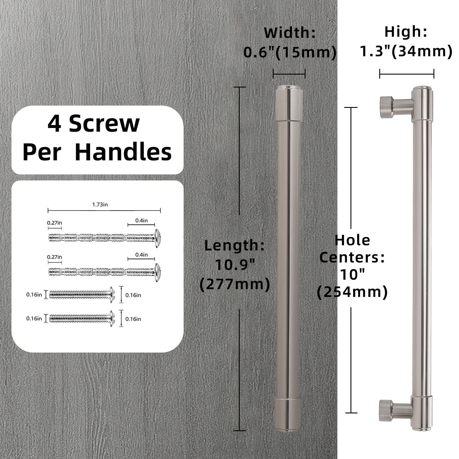 Paquete de 10 tiradores de níquel satinado cepillado para armarios de 10 pulgadas (254 mm) con orificio central, tiradores plateados para cajones de cocina