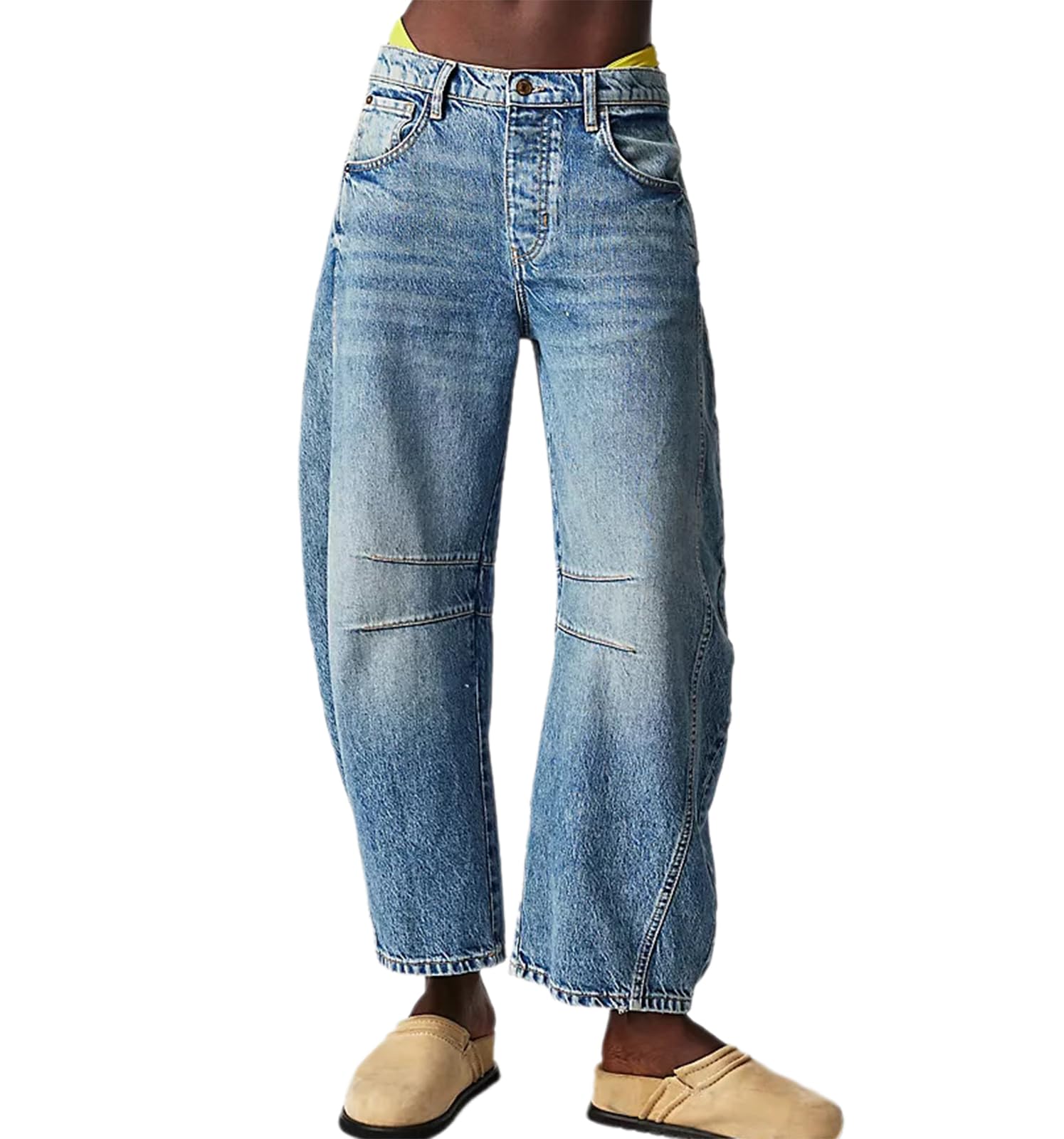 TACSTRUN Women's Baggy Vintage Low Rise Barrel Jeans Work Casual Distressed Washed Wide Leg Ankle Denim Pants,Blue,S