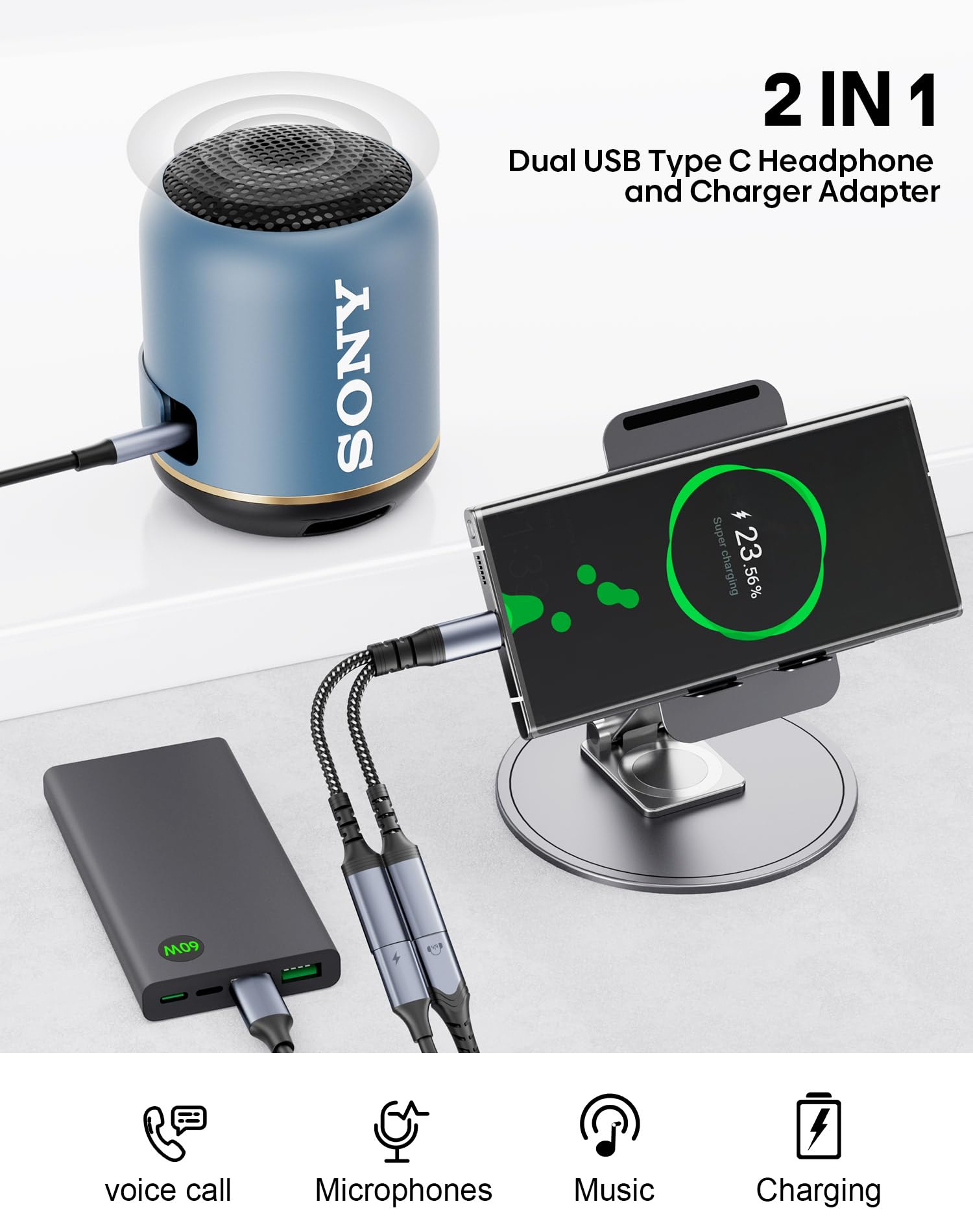 USB C Splitter, Dual USB C Headphone and Charger Adapter,2 in 1 Type C Audio Dongle Cable with PD 60W Fast Charge Support Call Music for iPhone 16 15 Pro Max, Pixel 9 8 7, Galaxy S24 S23 S22, iPad Pro