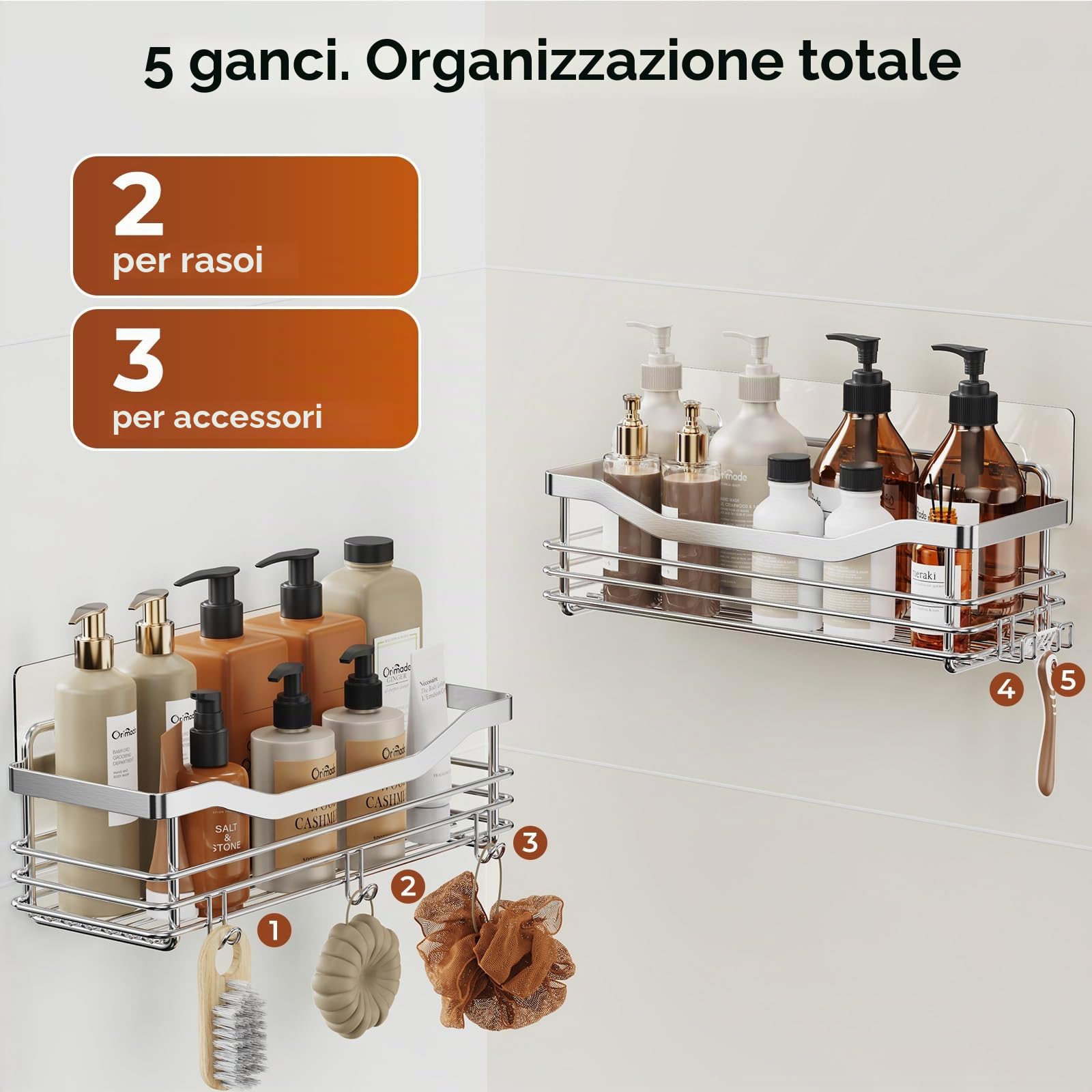 Orimade Acciaio inossidabile SUS304 - Porta doccia con 5 ganci per bagno, cestello per WC, cucina Spice Rack in acciaio SUS304, senza foratura, 2 confezioni