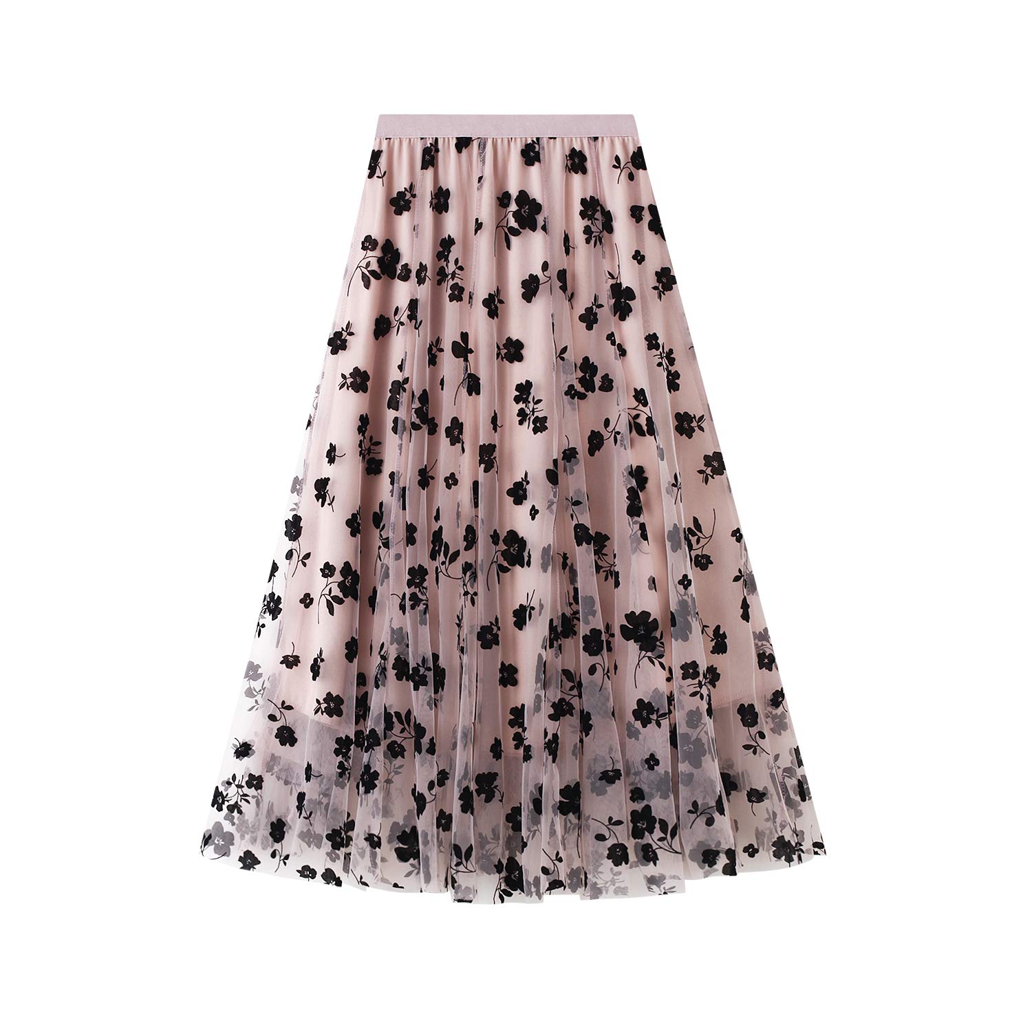 Womens Tutu Tulle Skirts Elastic High Waist Floral Print Mesh Overlay Layered A Line Midi Skirt
