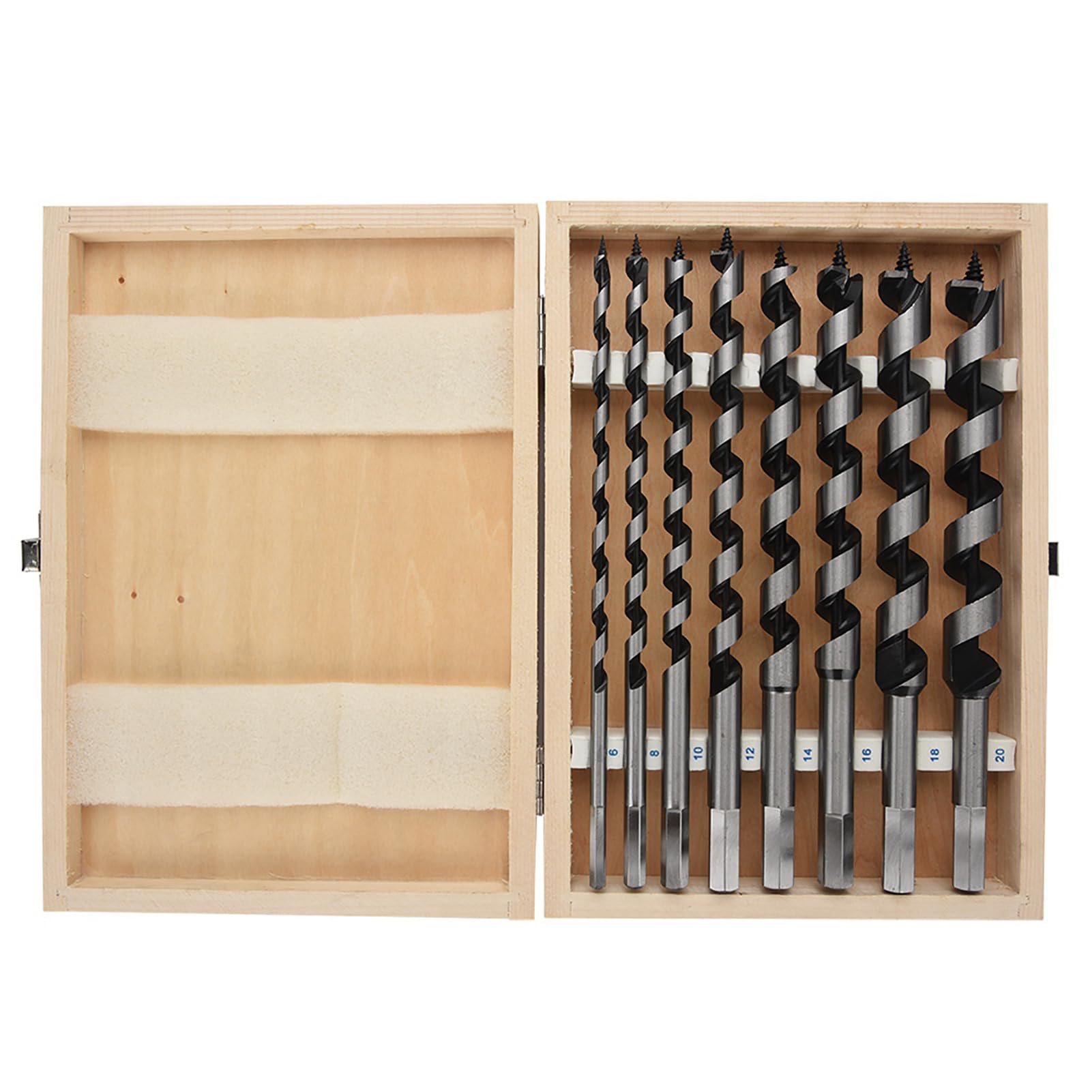 Juego de brocas helicoidales de acero al carbono con estuche de madera y vástago hexagonal mecanizado para taladros eléctricos y barrenas.