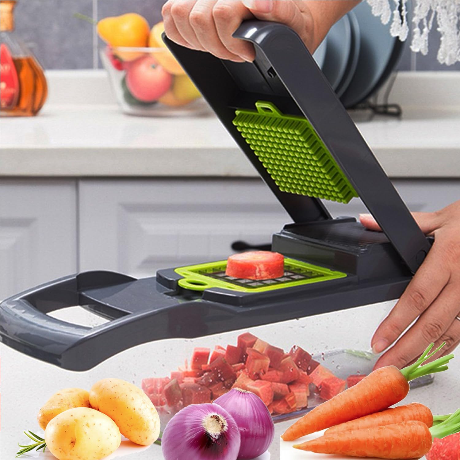 Picador de verduras, cortador de mandolina, utensilio de cocina multifuncional 16 en 1 para cortar, rebanar, picar y rallar verduras y queso