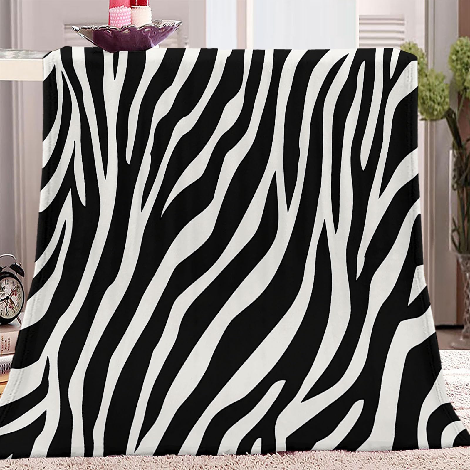 ZSOSIXDEAL Animal Stripes Zebra Texture Soft Throw Blanket, 130x150 cm Sherpa Flannel Blankets for Sofa Settees, Black Sofa Throws Warm Cozy Plush and Lightweight Travel Blanket