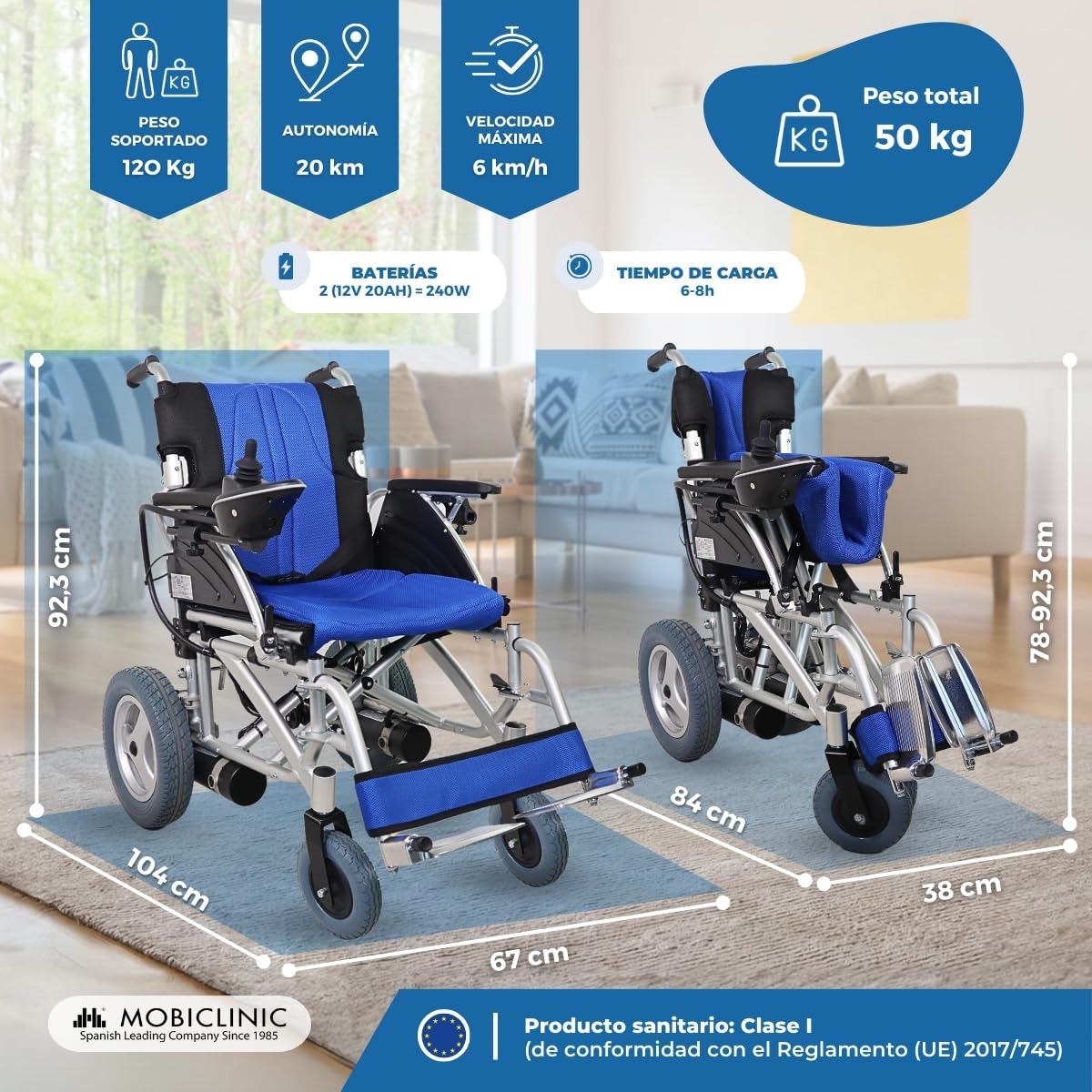 Mobiclinic®, Silla de ruedas eléctrica plegable, 20 km autonomía, 2 baterías gel 24v/200w*2, Aluminio, Ultraligera, 35 kg peso sin, Hasta 120, Con marcha atrás, Joystick ambidiestro