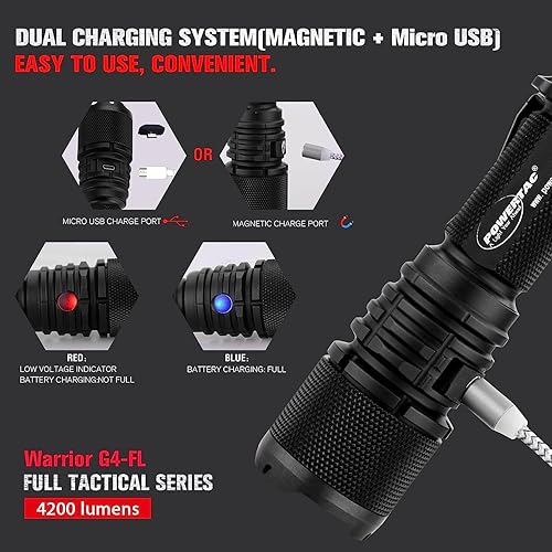 Miniatura 6 de Powertac Warrior G4-FL - Linterna táctica de mano de 4200 lúmenes (haz ancho), linterna de mano de alto lúmenes, impermeable, linterna recargable