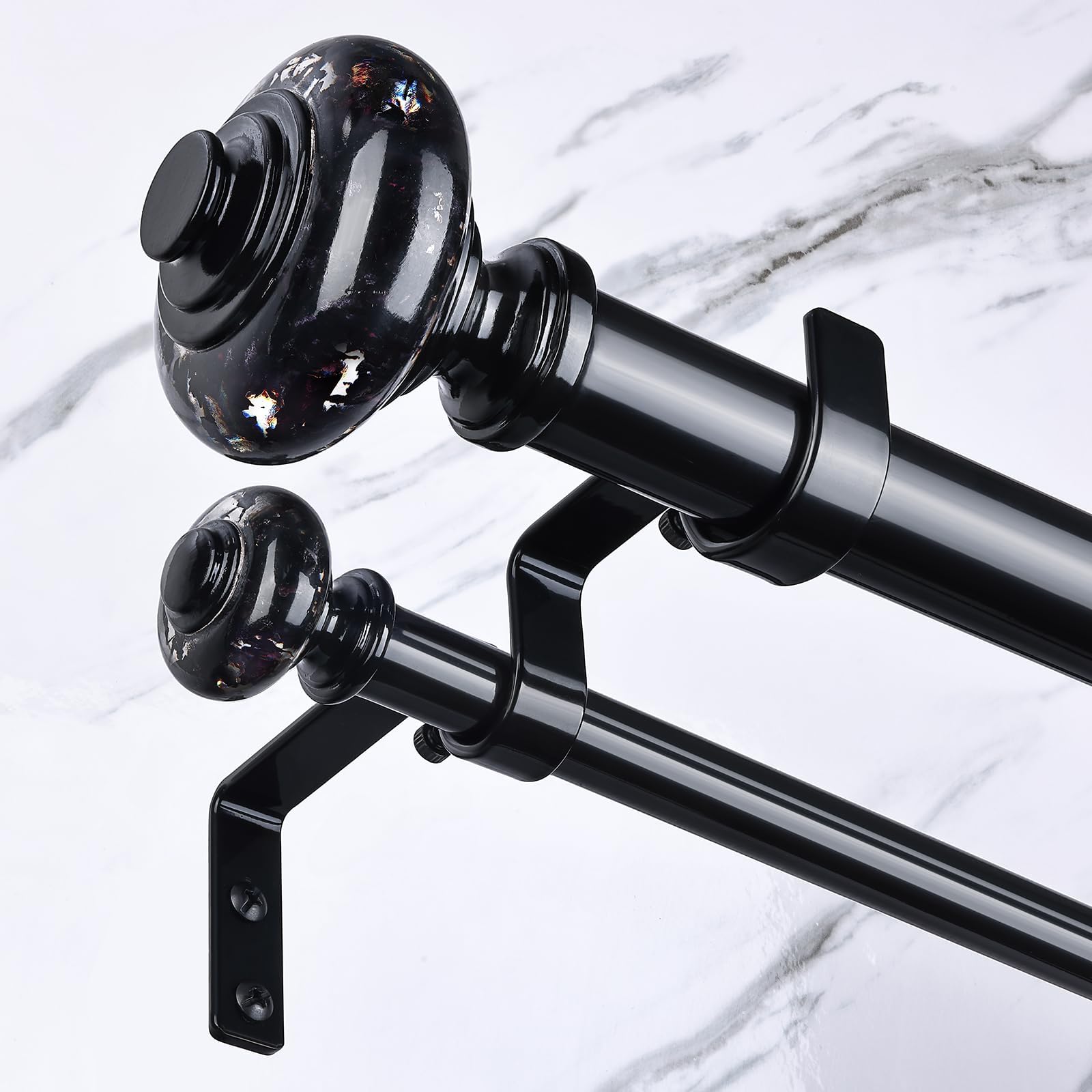 Black Double Curtain Rods for Windows 72 to 144 Inch, 1 Inch Adjustable Decorative Crystal Long Dual Curtain Rod, Heavy Duty Vintage Double Drapery Pole with Black Foil Finial for Living Room