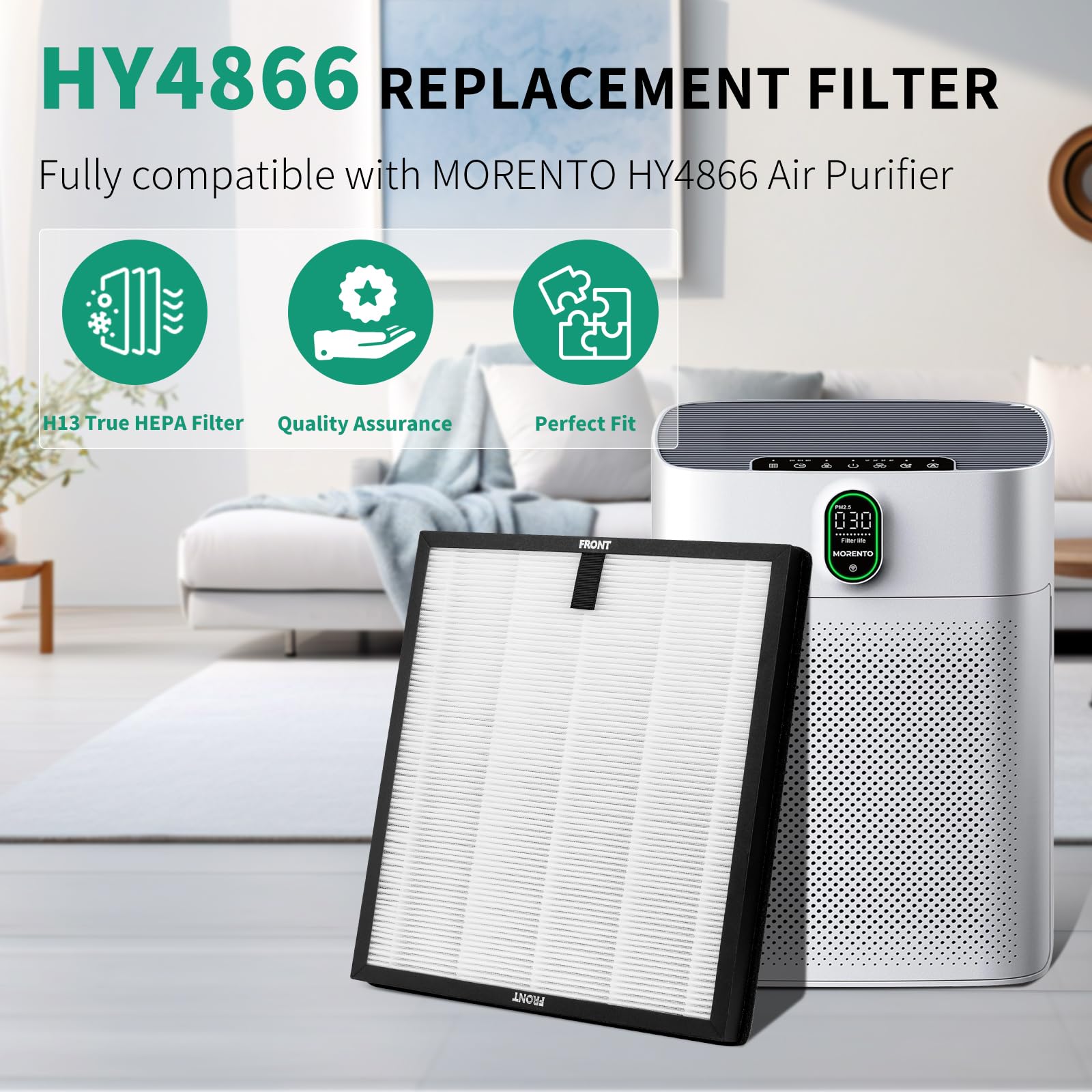 2 paquetes de filtros de repuesto para purificador de aire, compatible con purificador de aire Morento/Westhey HY4866, filtro de carbón activo 3 en 1 H13 True HEPA (2)