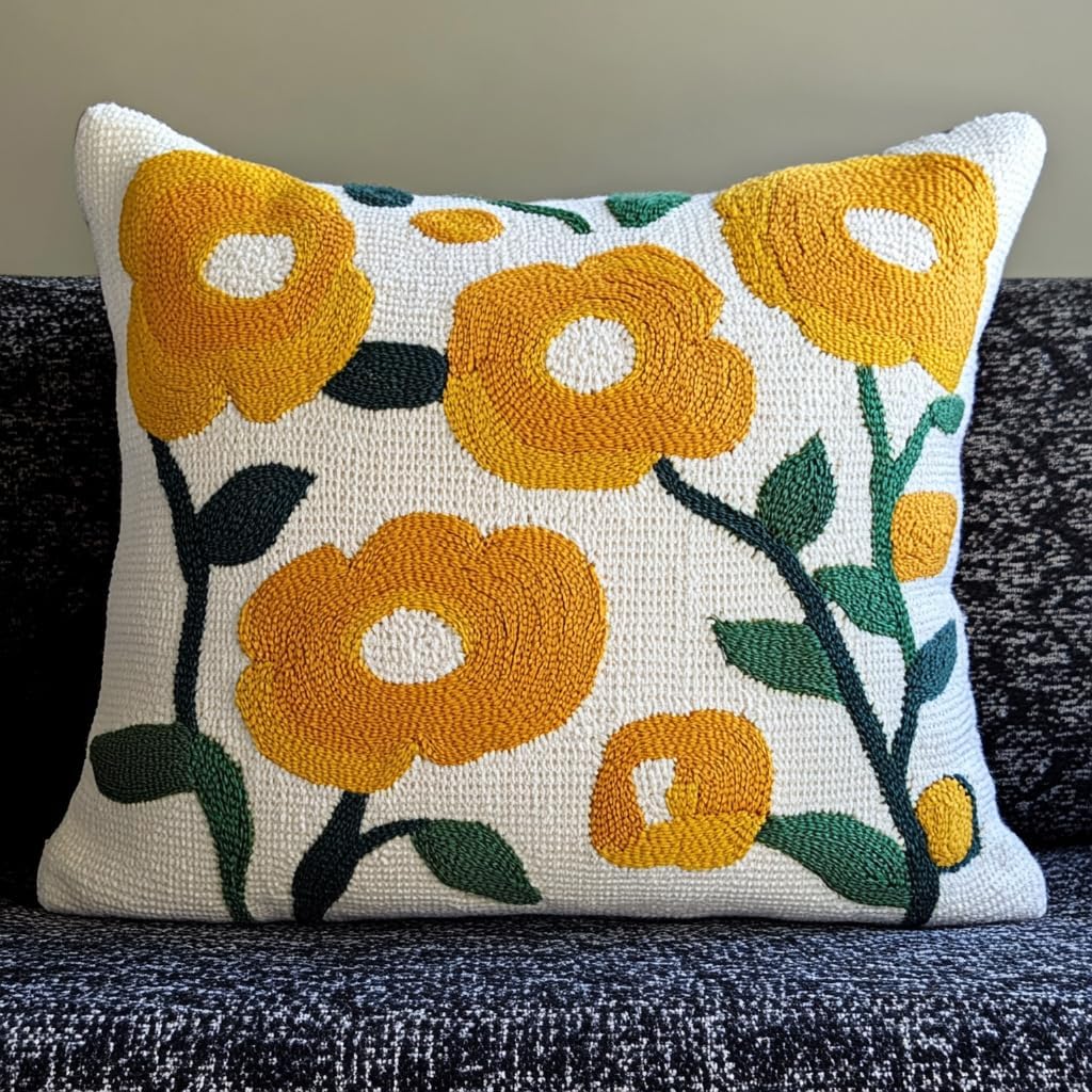 DIY Punch Needle Pillow Kit Yellow Rose Flowers with Pattern and Hoop Handmade Embroidery Punch Needle Starter Pillowcase Set for Home Sofa Decor 43x43cm-1-1