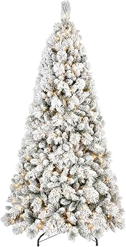 7FT Flocked Xmas Trees with 450 Warm White LED Lights, 1060 Tips, PVC and Hard Needle Branches, Hinged Design, Metal Stand, Realistic Christmas Tree for Home Holiday Decor