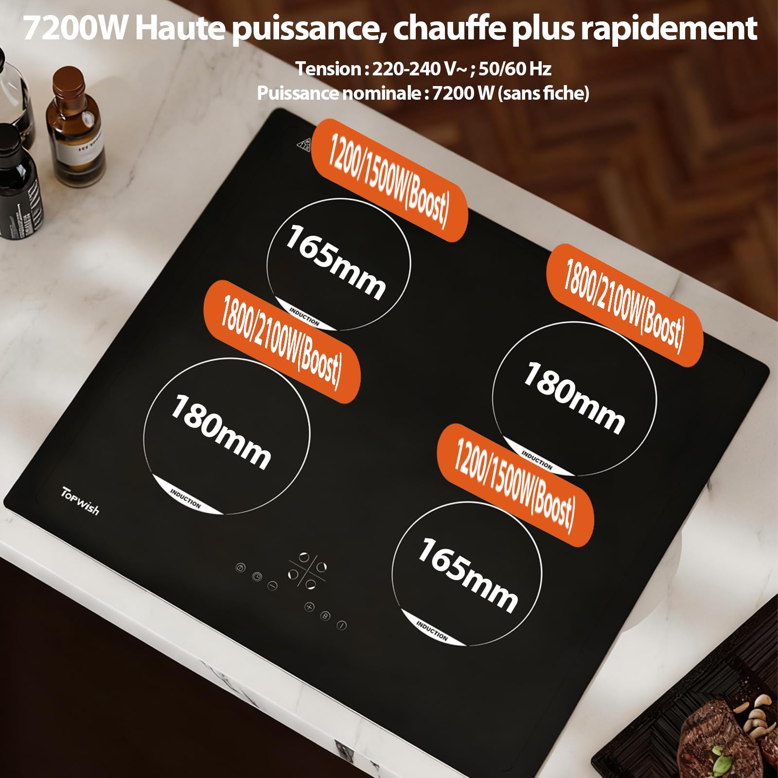 Topwish Plaque Induction 4 Feux, plaque de cuisson à Induction, Plaque de Cuisson Induction 60cm,con 9 Niveaux, Boost, voyant de surface chaude, protection d'extinction, verrou de sécurité, 7200W
