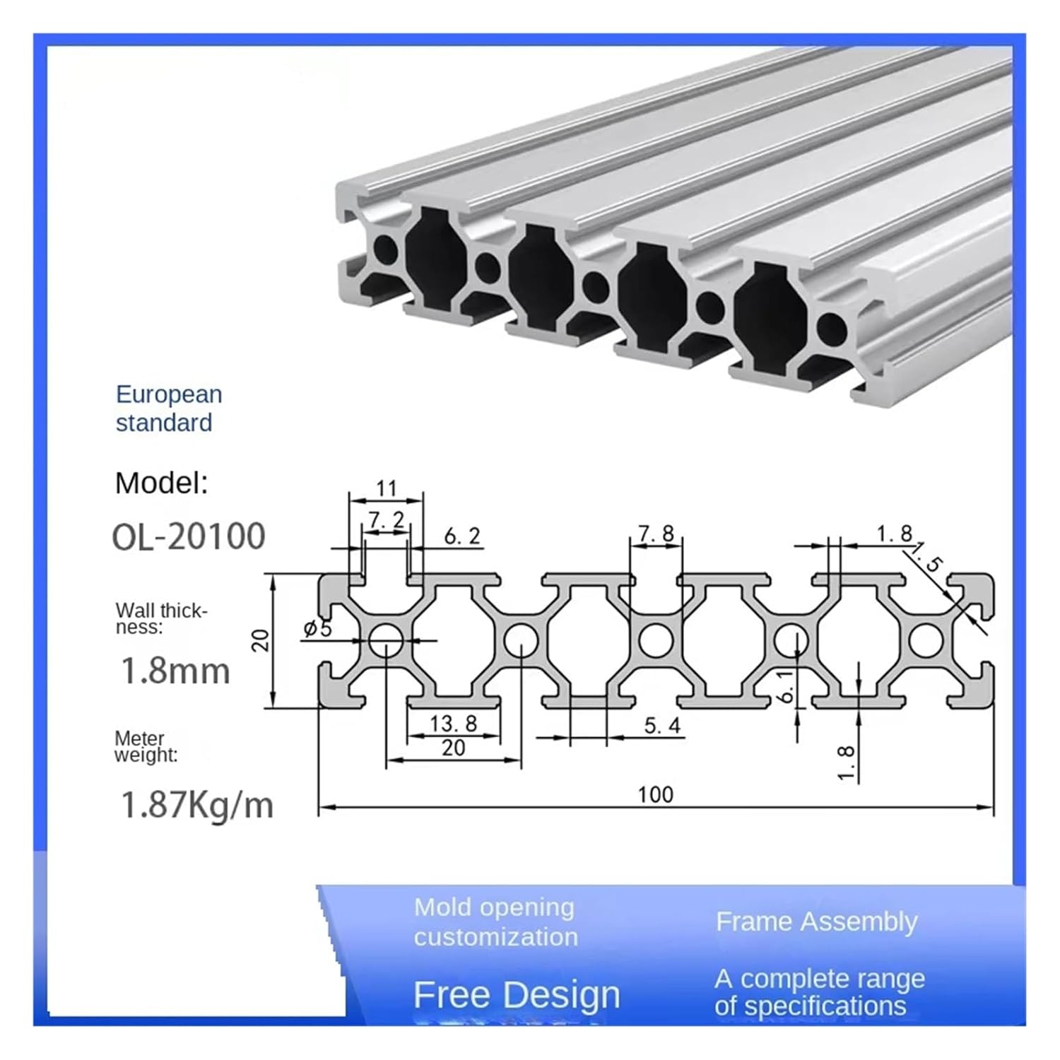 20100 T Slot Aluminum Profile 100 200 500 800mm Linear Guide Extrusion CNC 3D Printer Parts(100mm)